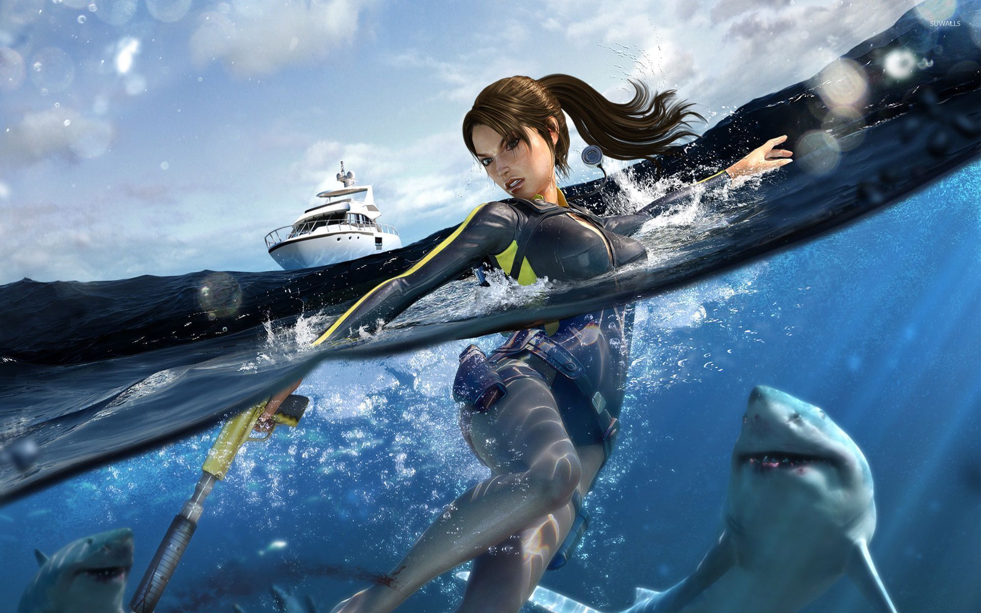 Lara Croft surrounded by sharks in Tomb Raider wallpaper
