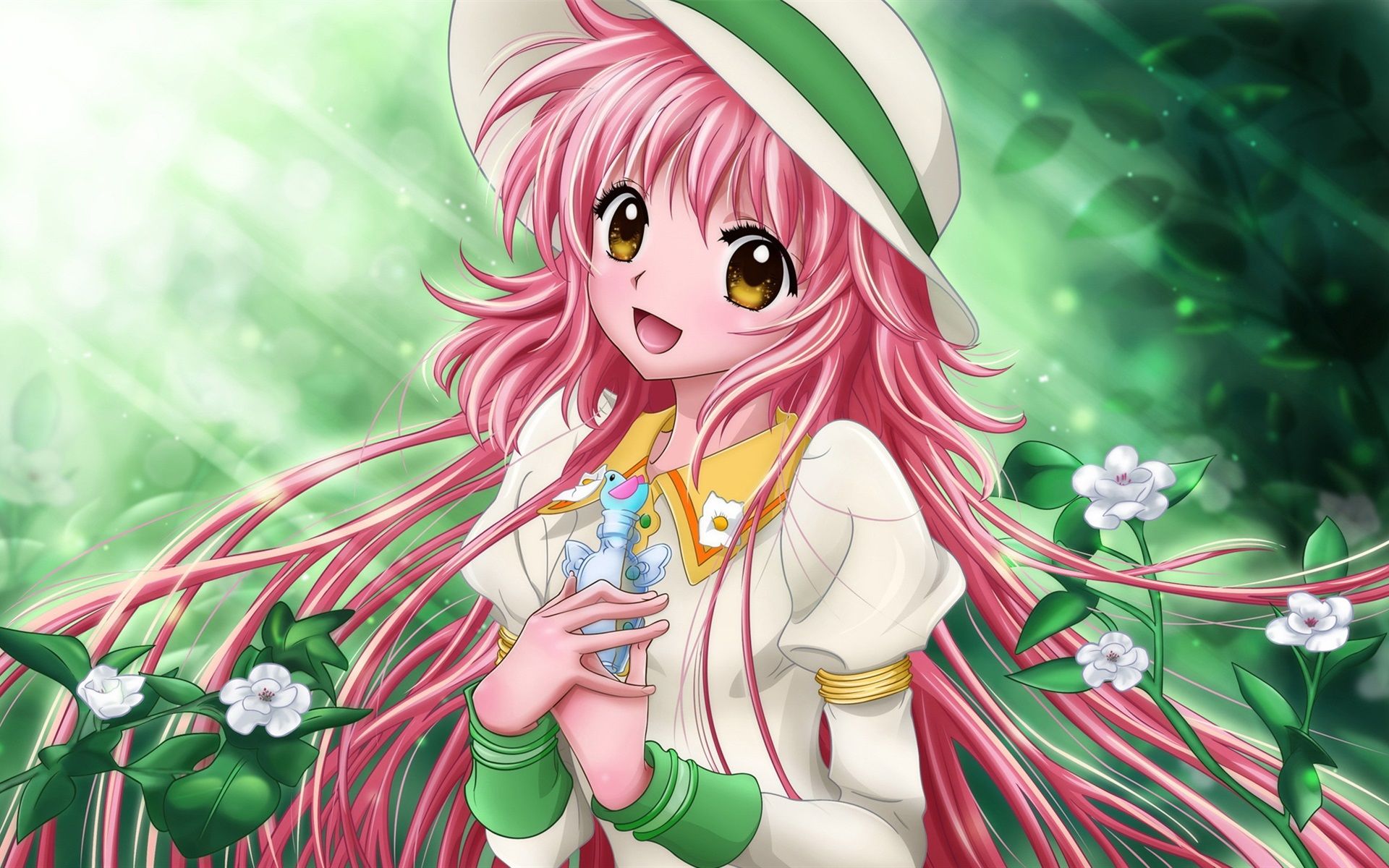 Wallpaper Kobato, pink hair anime girl, hat, flowers 1920x1200 HD