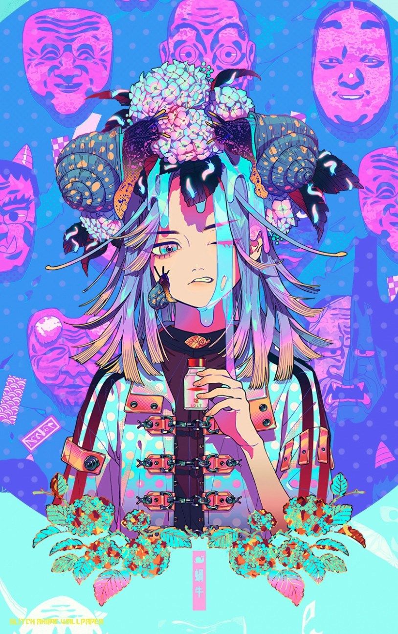 Download 13×13 wallpaper anime, masks, glitch art, aki akane