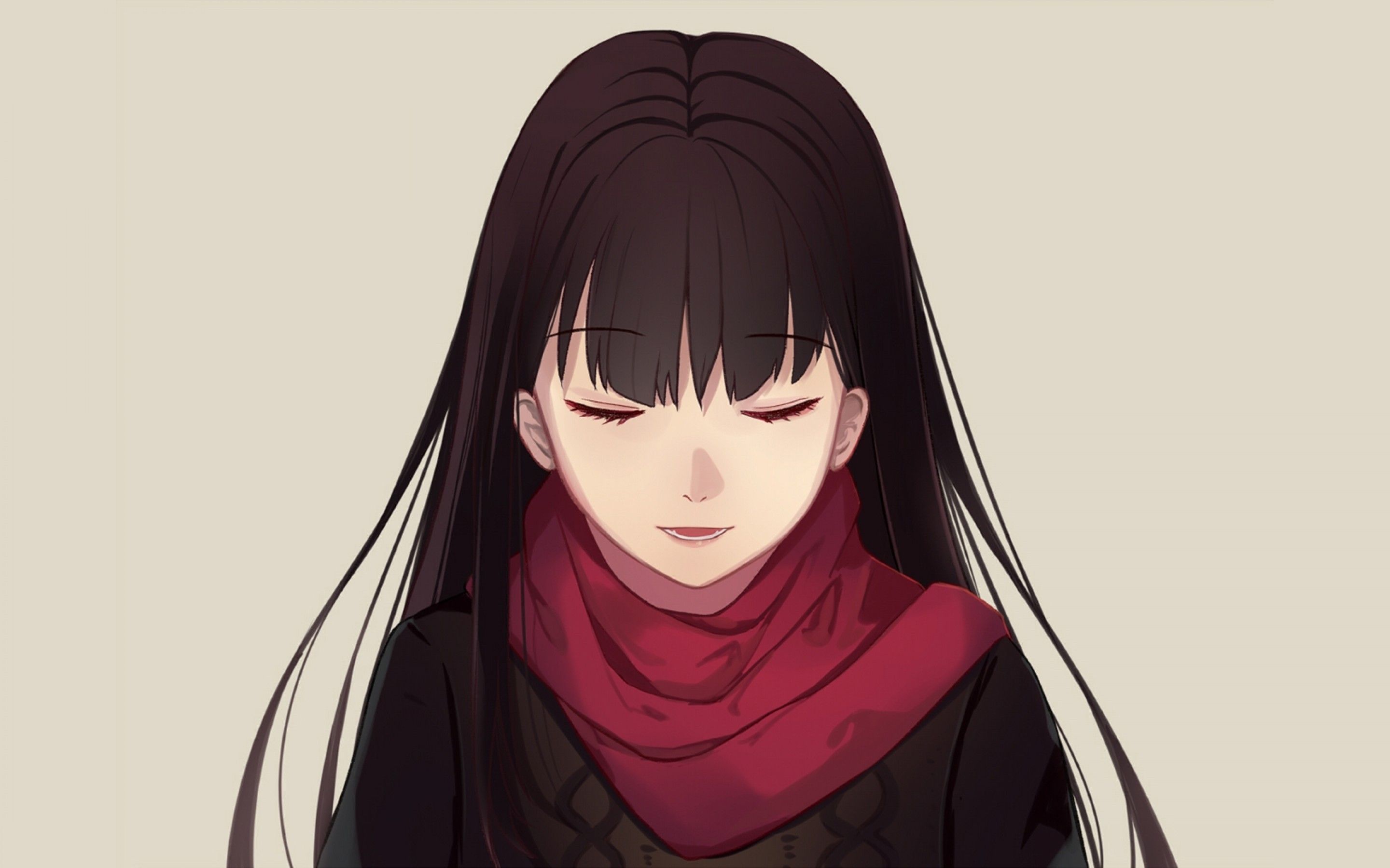 Download 2880x1800 Anime Girl, Closed Eyes, Long Hair, Red Scarf