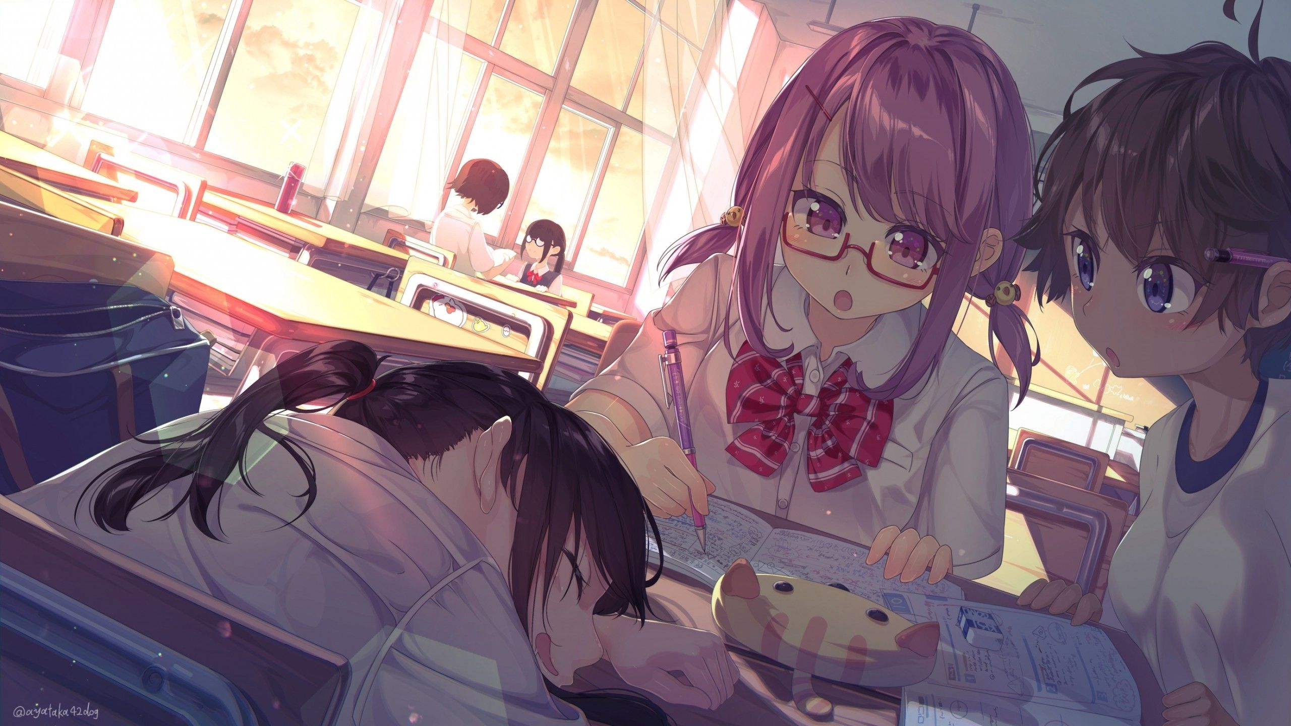 Download 2560x1440 Anime Classroom, Sleepy Students, Friends, Studying, Pink Eyes, Megane Wallpaper for iMac 27 inch