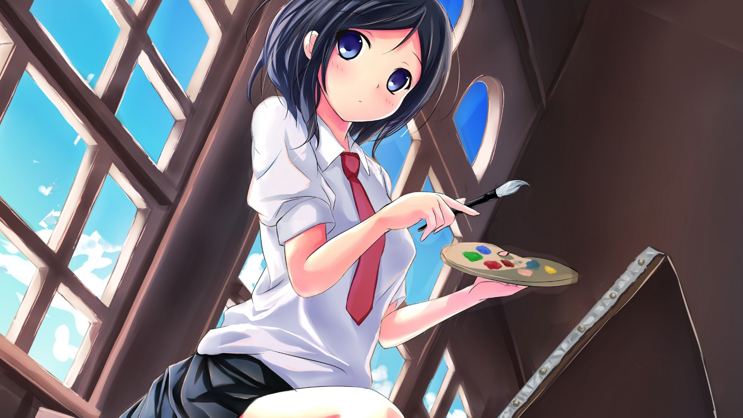 Download 2560x1440 Anime Girl, Art Student, School Uniform, Paints