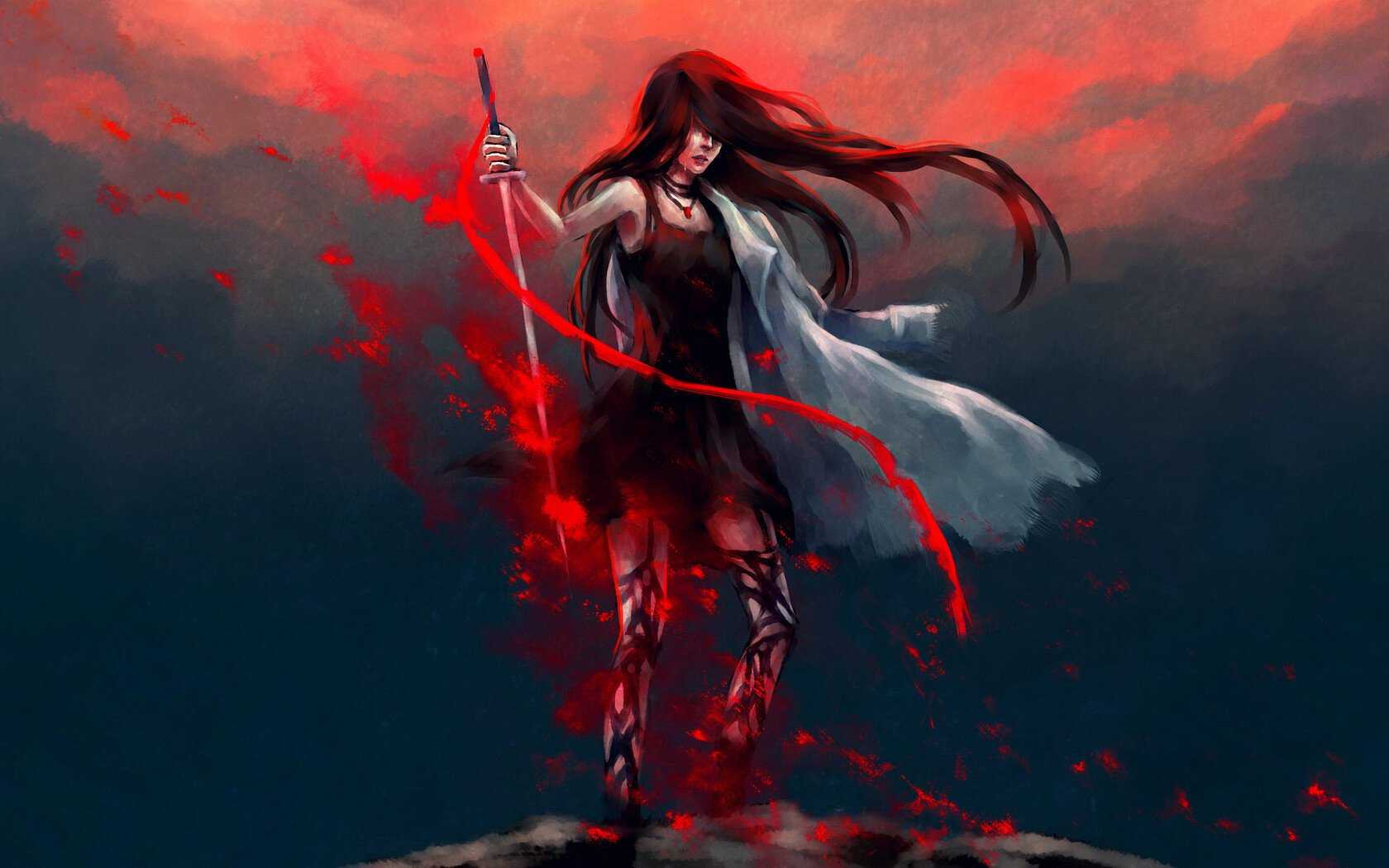 Anime Girl Katana Warrior With Sword HD Wallpaper (1680x1050)