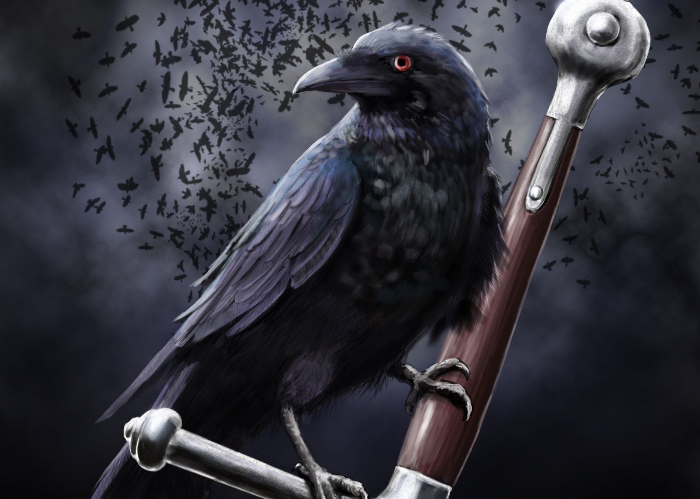 art, Leather, Raven, Crow, Clouds, Sword, Death, Dark, Swords