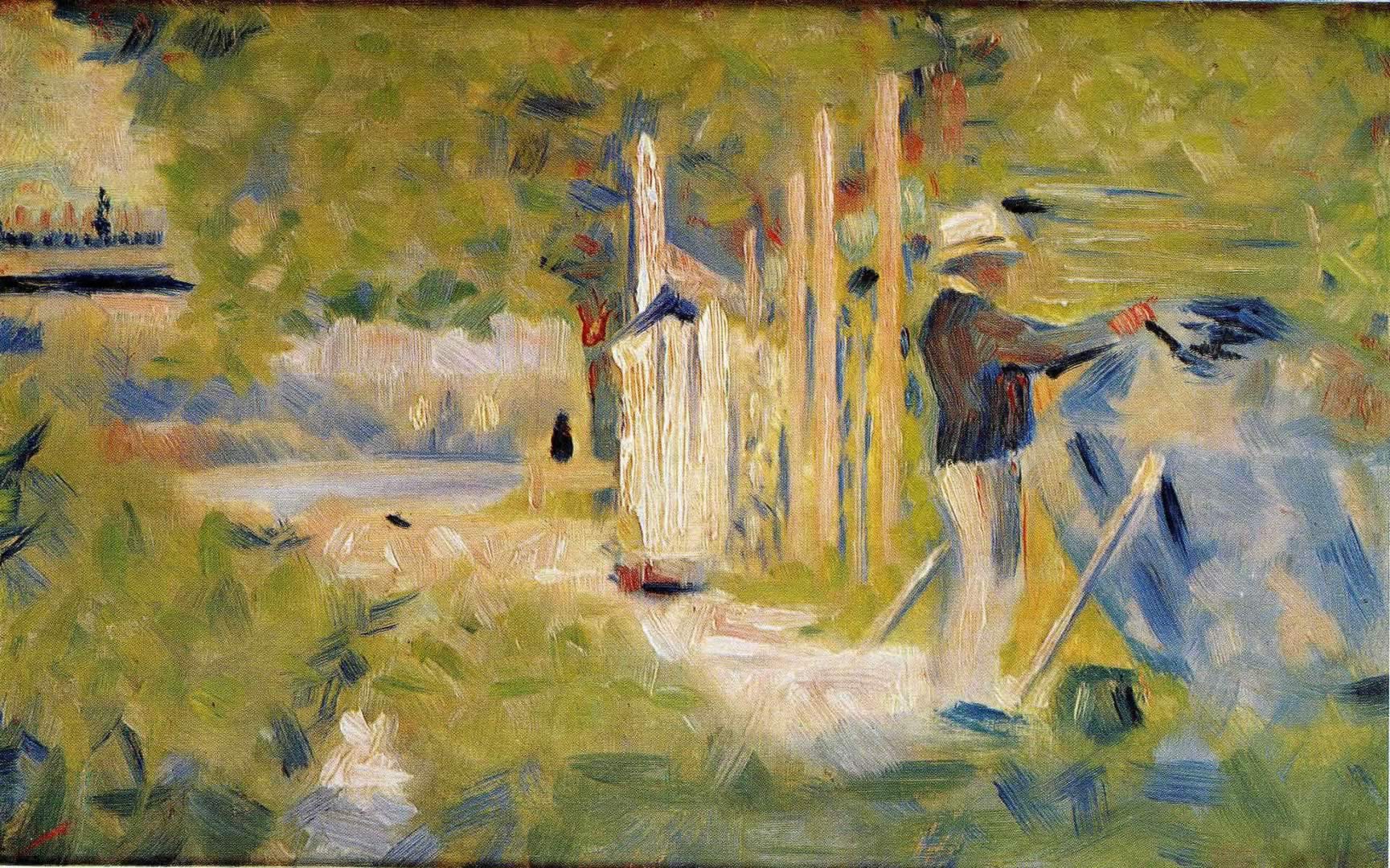 Man Painting His Boat Seurat Wallpaper Image