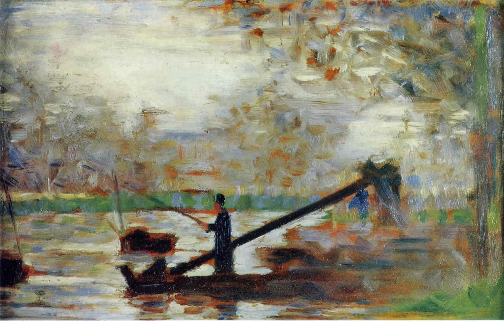 Man Fishing From A Moored Boat Seurat Wallpaper Image