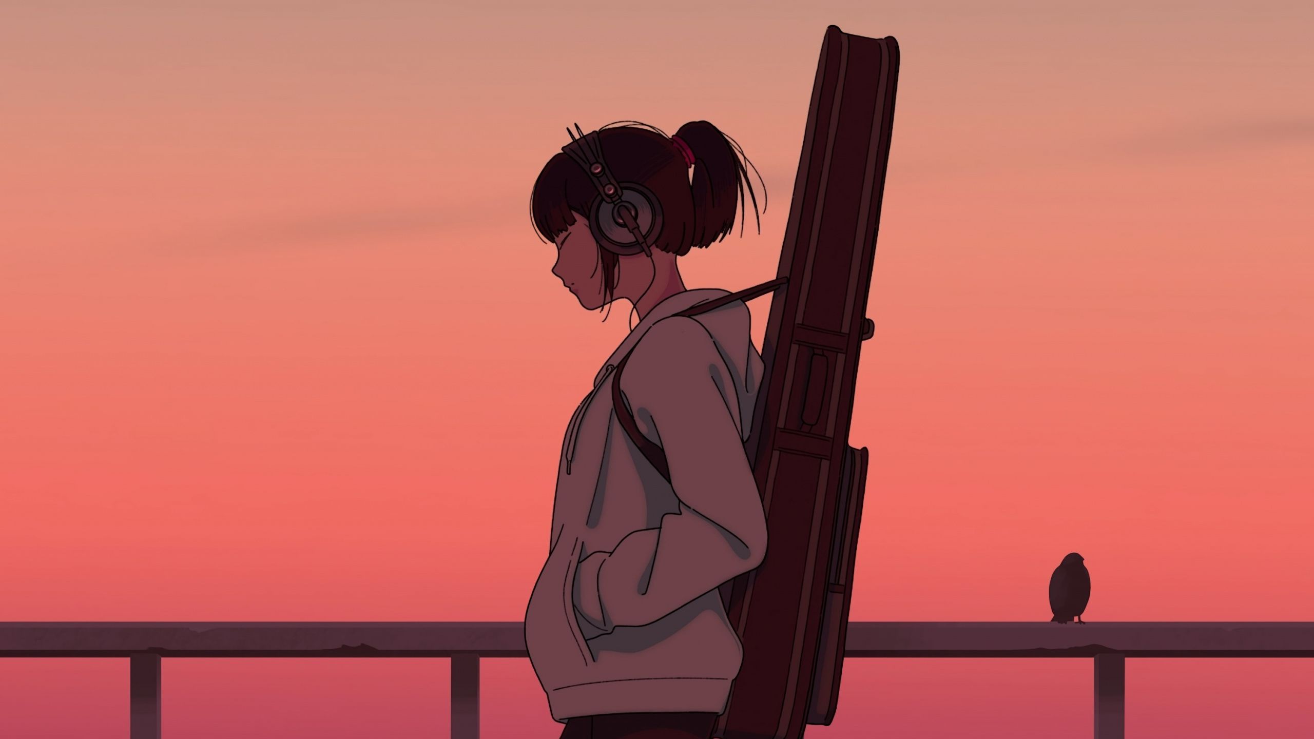 Download Girl musician, guitar, anime girl, sunset, art wallpaper