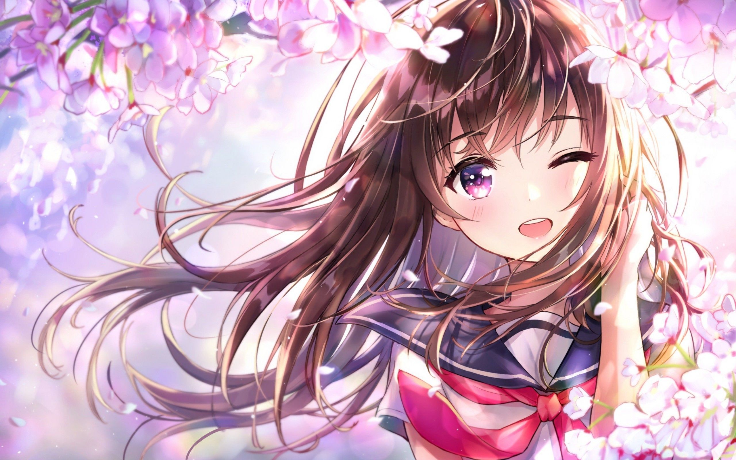 Download 2560x1600 Anime Girl, Wink, Cherry Blossom, Cute, School
