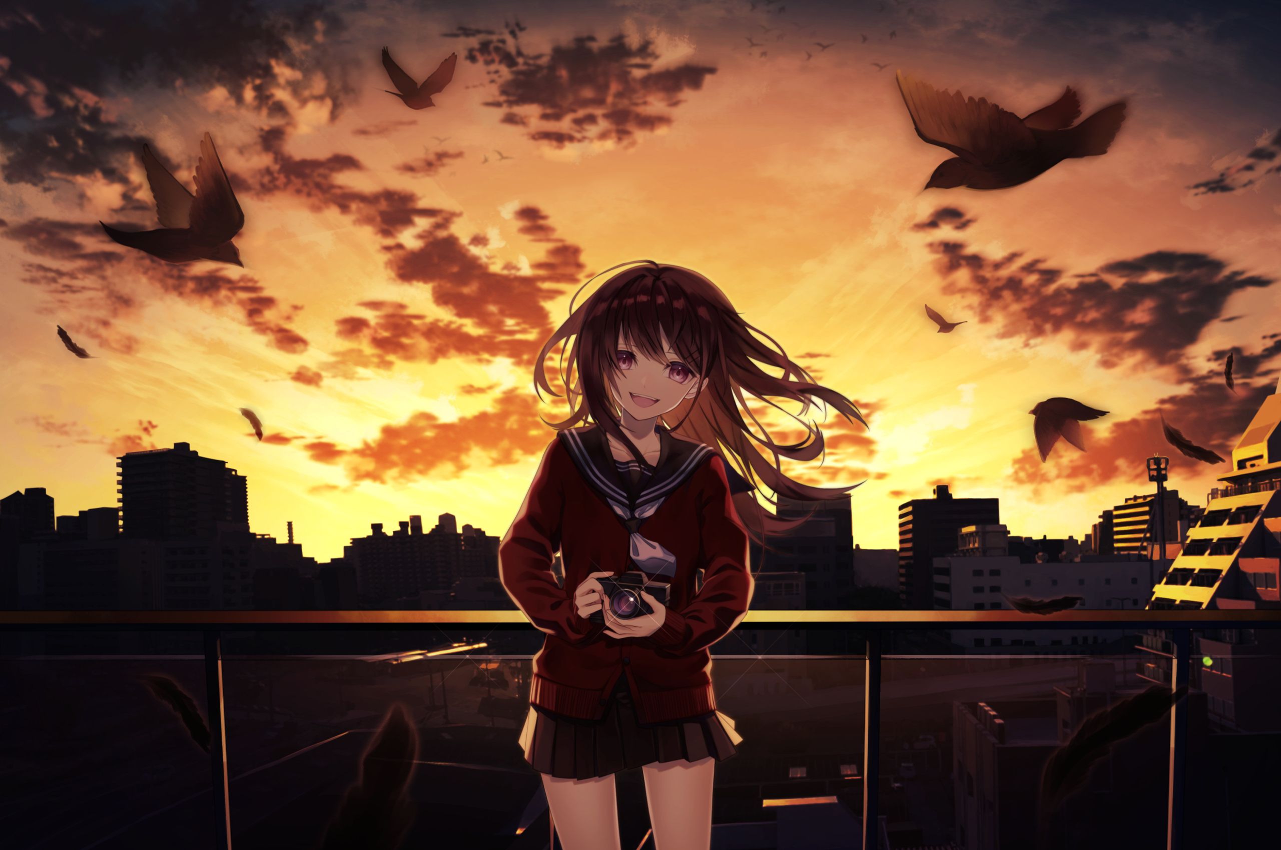 Smiling Anime Girl Taking Photographs Cityscape 4k