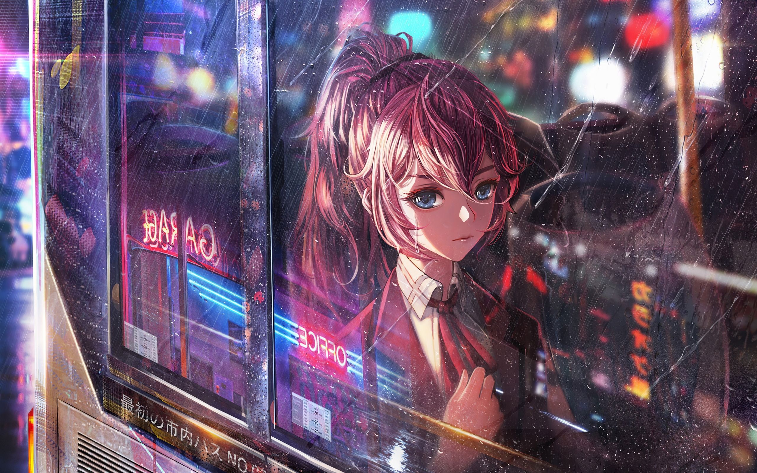 Anime Girl Bus Window Neon City 4k 2560x1600 Resolution