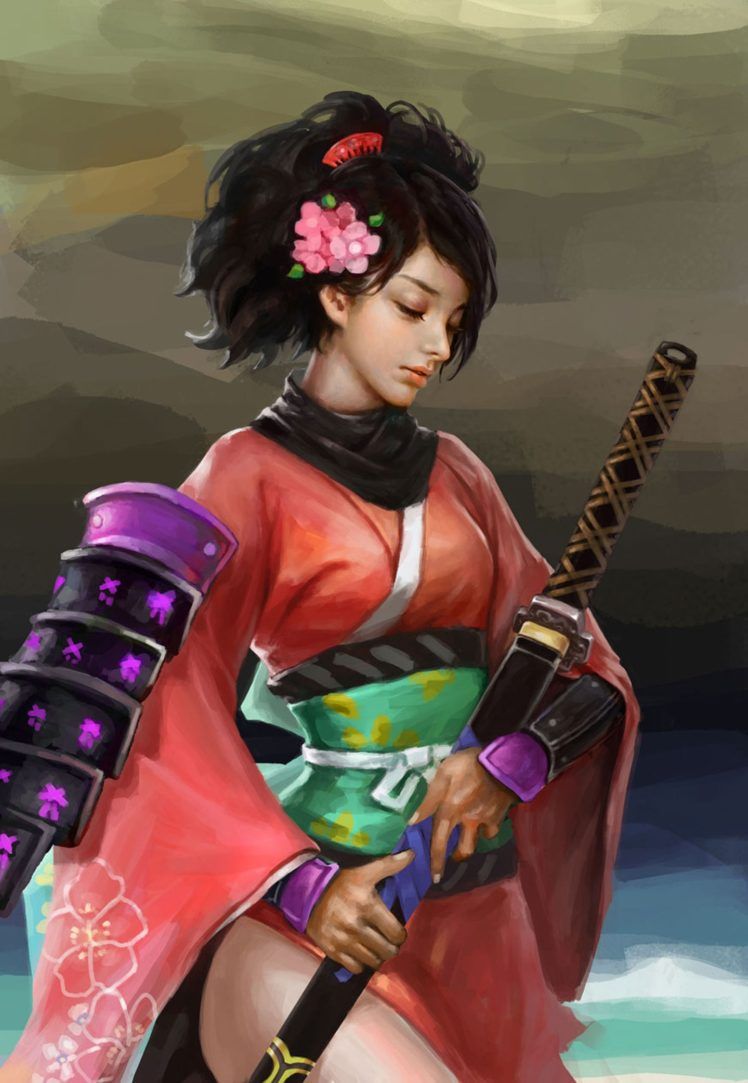 samurai, Girl, Sword, Kimono, Flower, Hair, Warrior, Face, Beauty Wallpaper HD / Desktop and Mobile Background