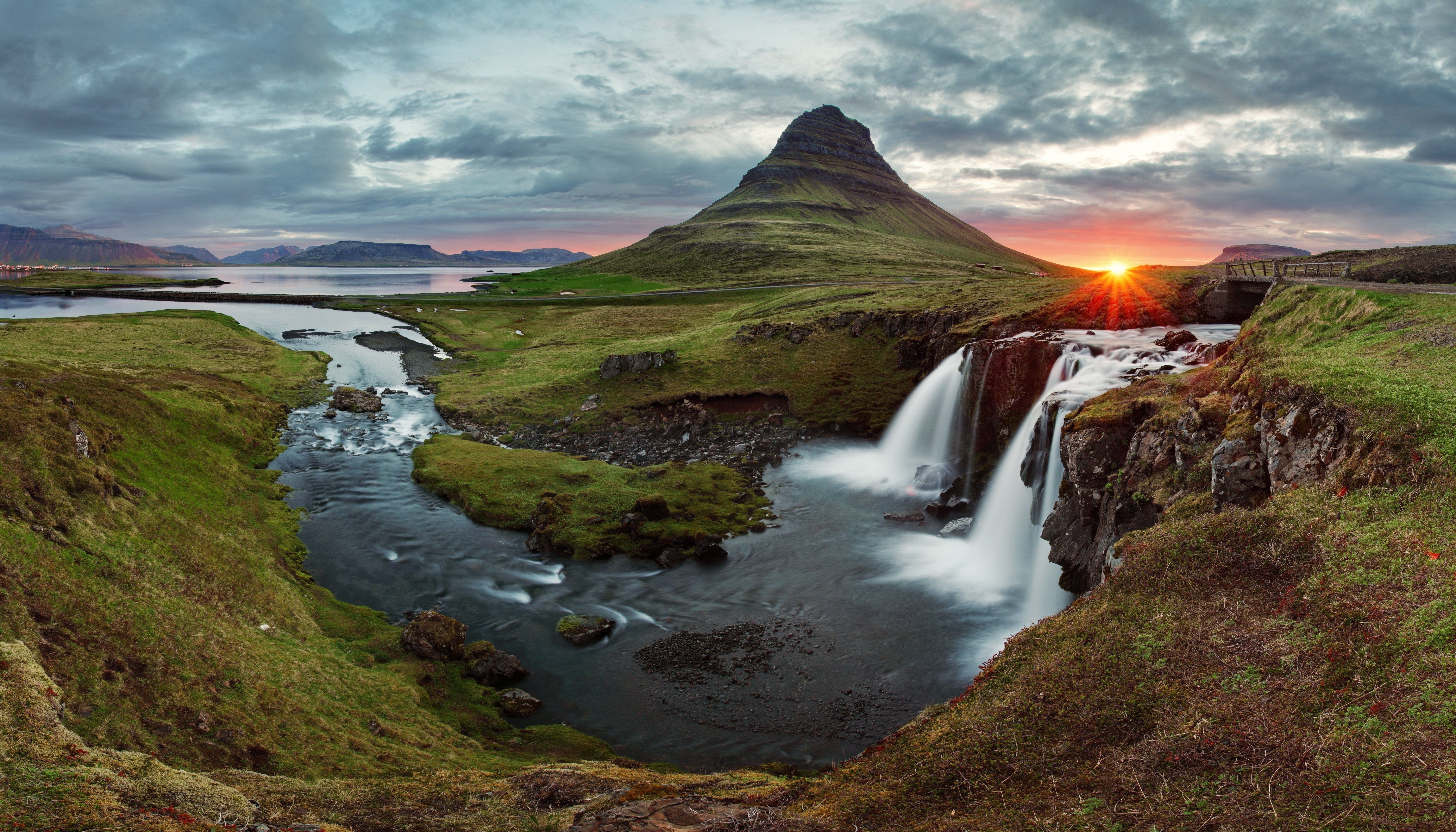 nature, Sunset, Iceland, Waterfall, Kirkjufell Wallpaper HD