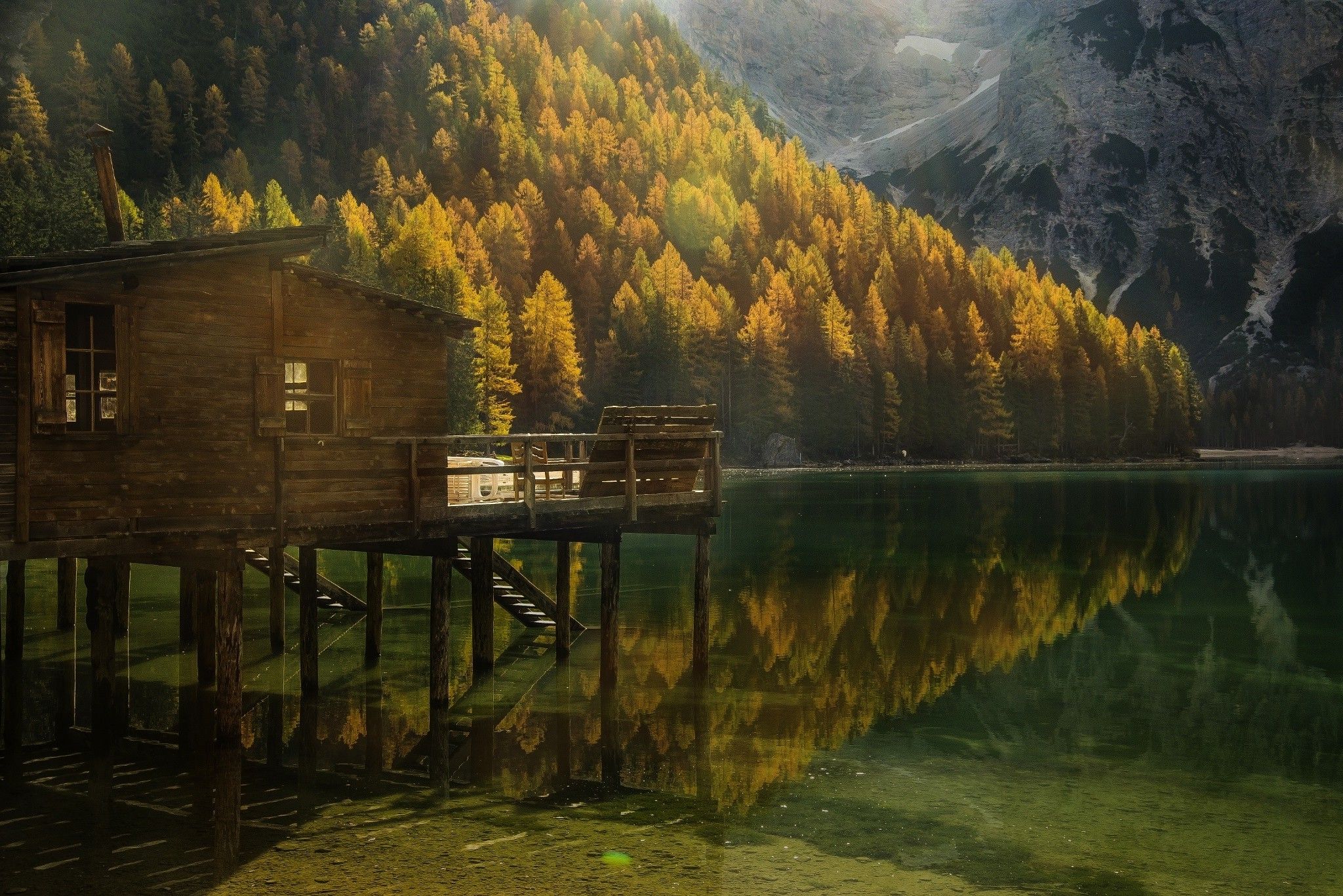 landscape, Nature, Fall, Forest, Mountain, Lake, Cabin, Reflection, Sunlight, Italy Wallpaper HD / Desktop and Mobile Background