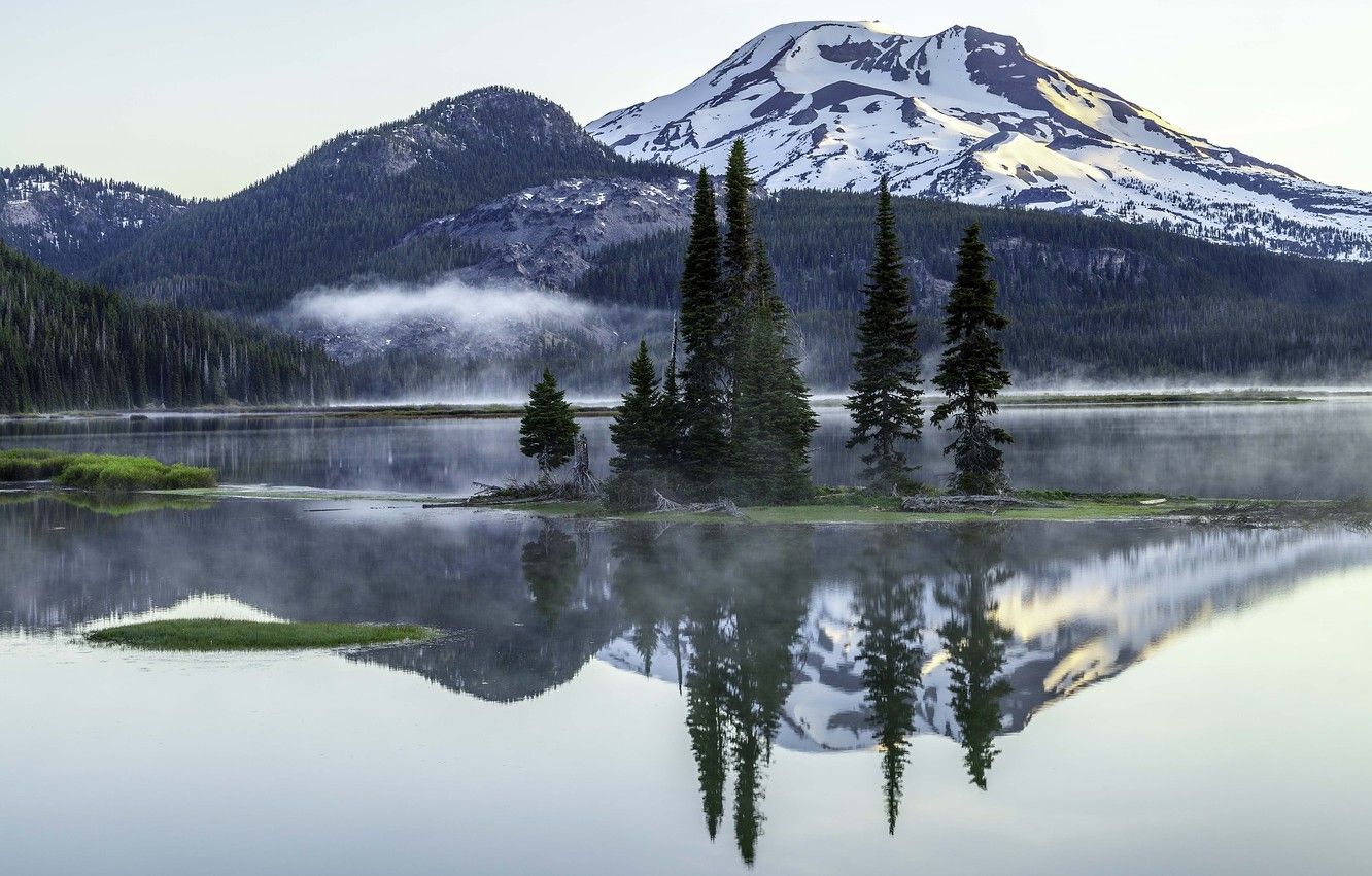 Wallpaper Oregon, mountains, Sparks Lake, Lake, fog image