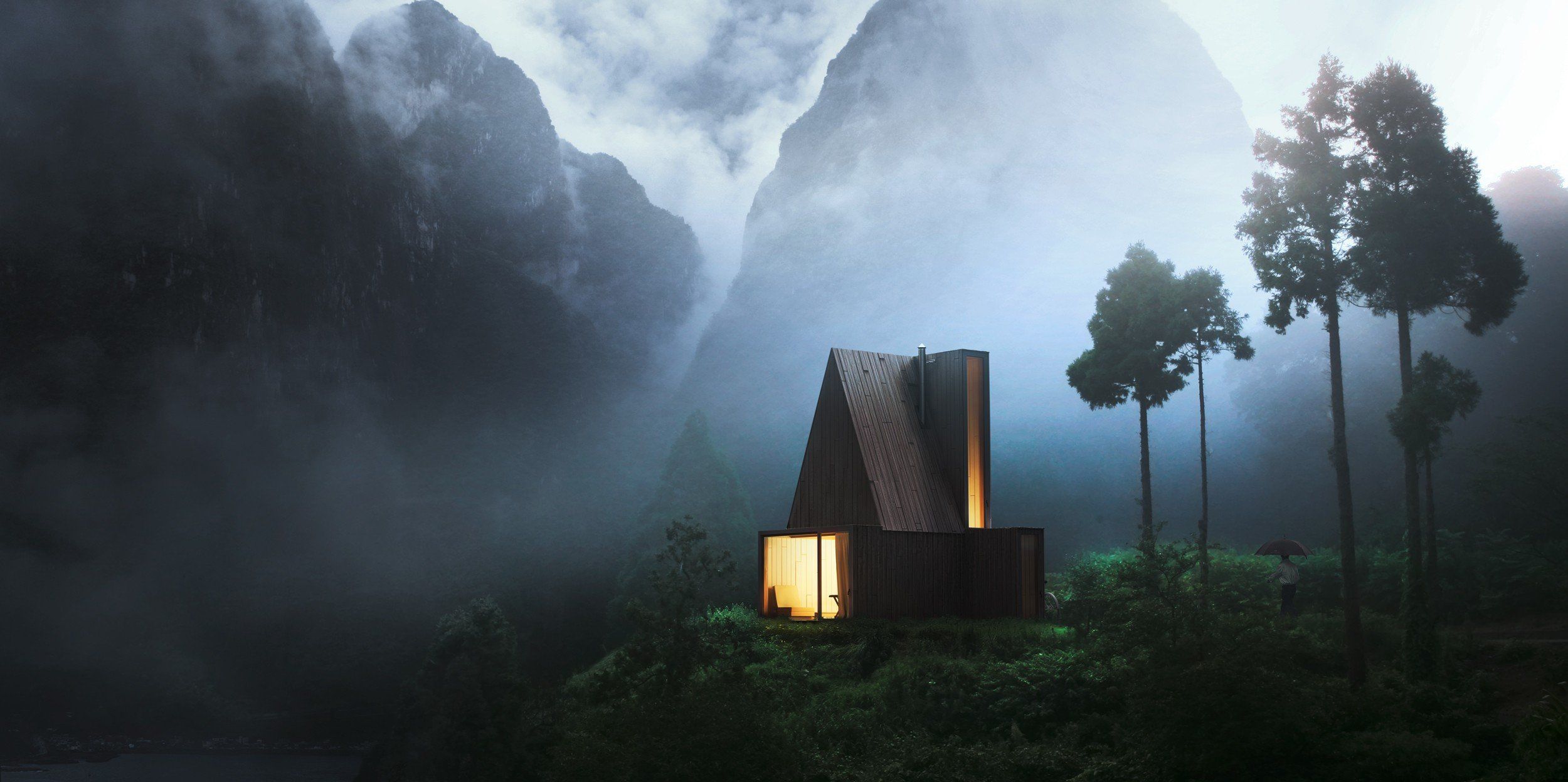 cabin, Forest, Wood, Night, Mountains, Lights, House, Mist HD
