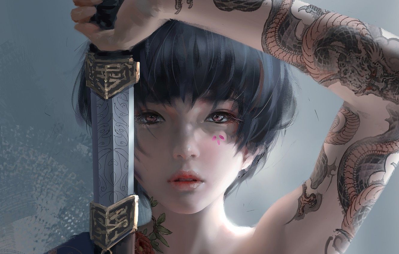 Wallpaper girl, sword, fantasy, katana, tattoo, asian, digital art