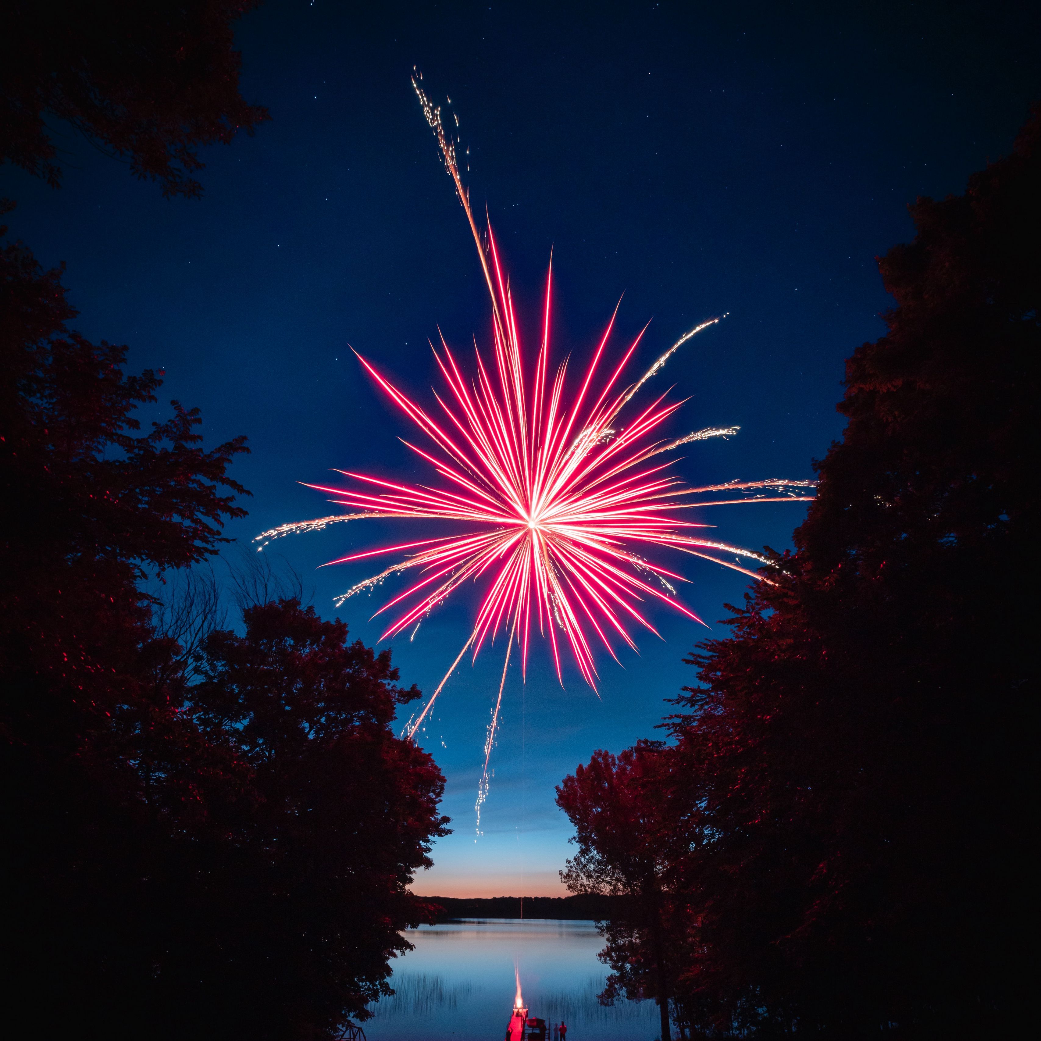 Download wallpaper 3415x3415 fireworks, salute, sparks, lake