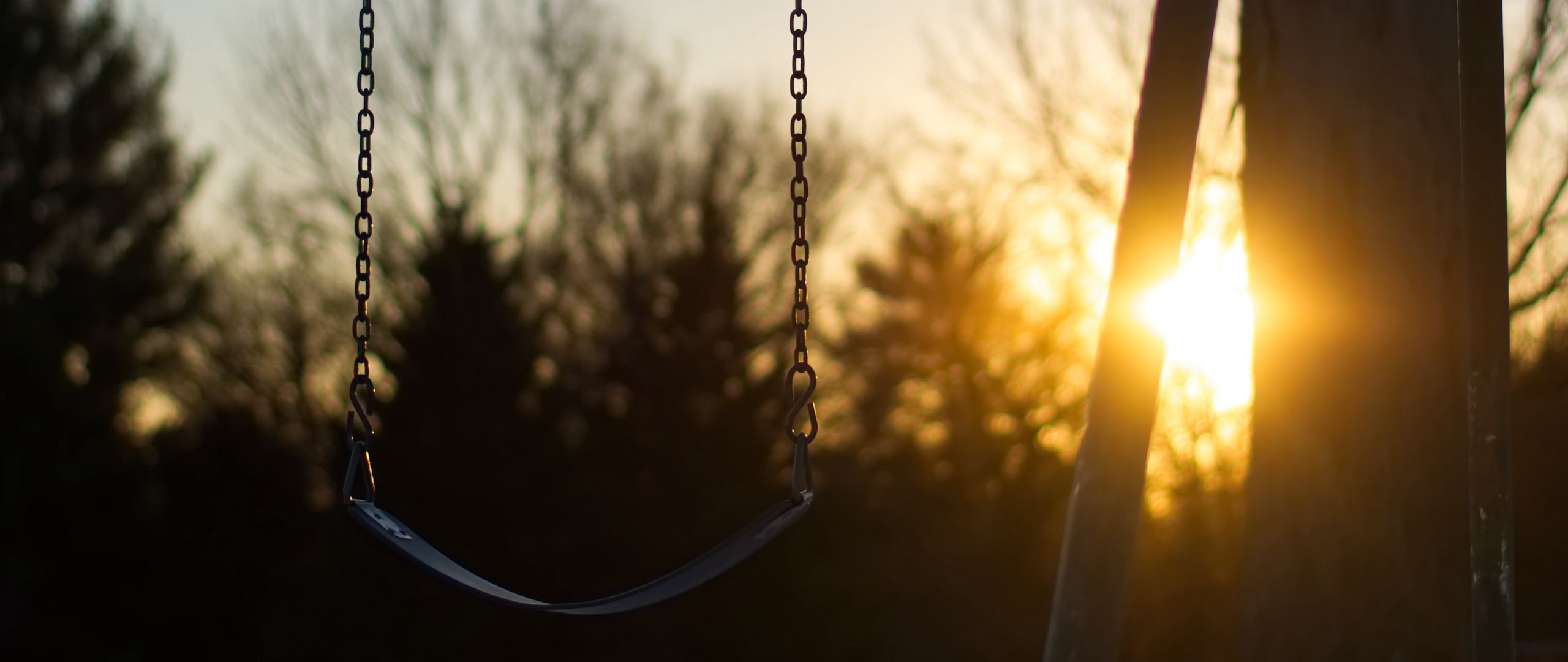 Download wallpaper 2560x1080 swing, winter, sunset, tree, blur