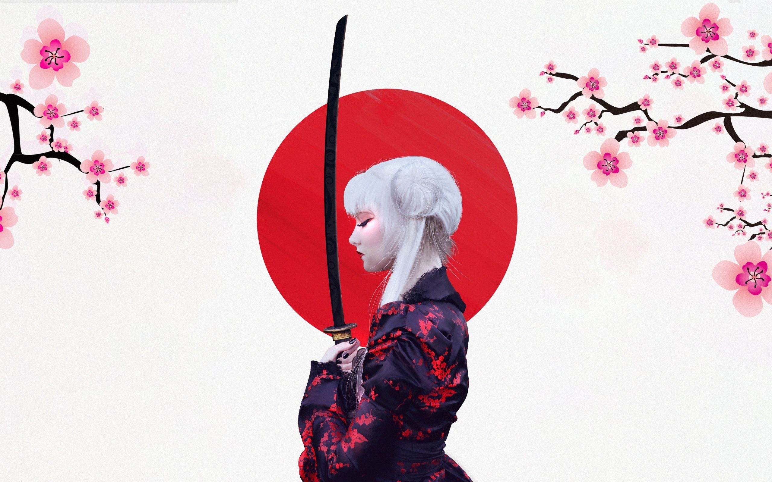 Download 2560x1600 wallpaper girl warrior, samurai, cherry blossom