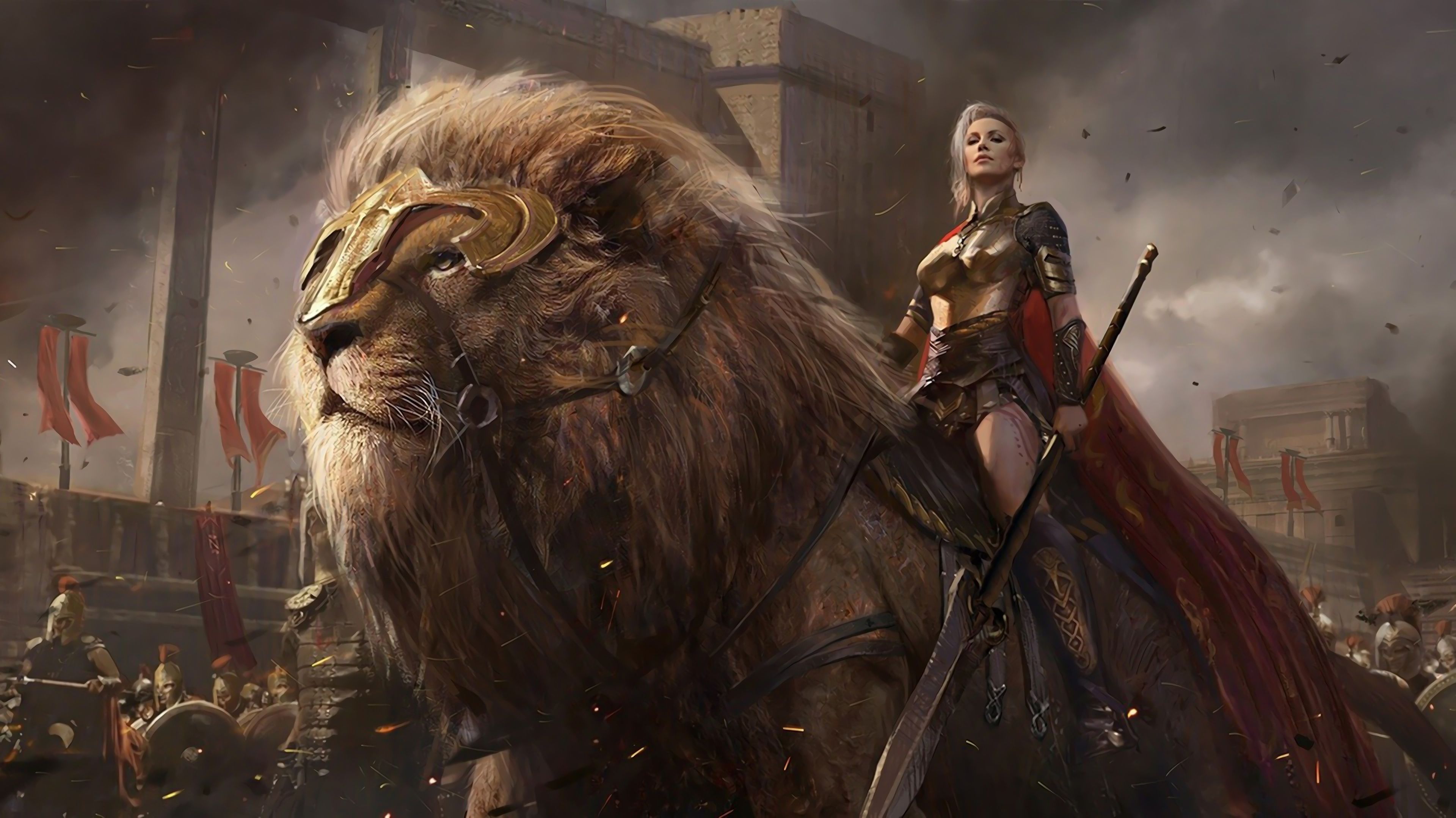 Fantasy Lion Female Warrior Army 4K