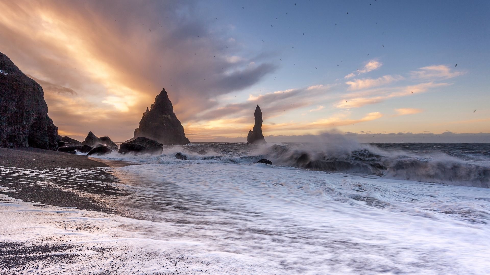 Download wallpaper 1920x1080 vik, iceland, atlantic ocean, surf