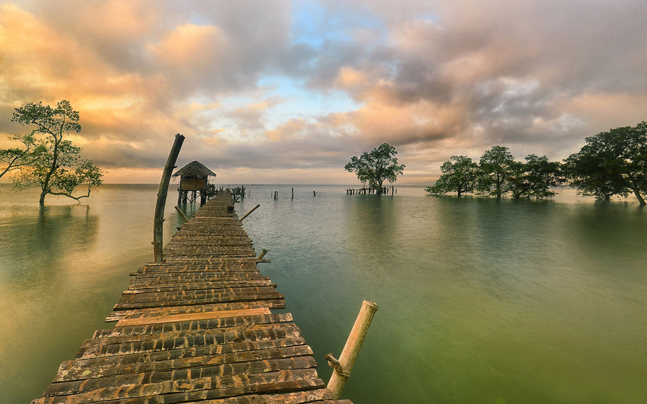 Lake Wooden Bridge Wooden Fishing Shack On Stilts Trees Submerged