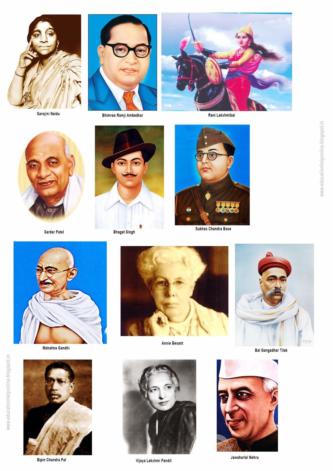 INDIAN FREEDOM FIGHTERS PICTURE CHART A4 SIZE FREE DOWNLOAD FOR