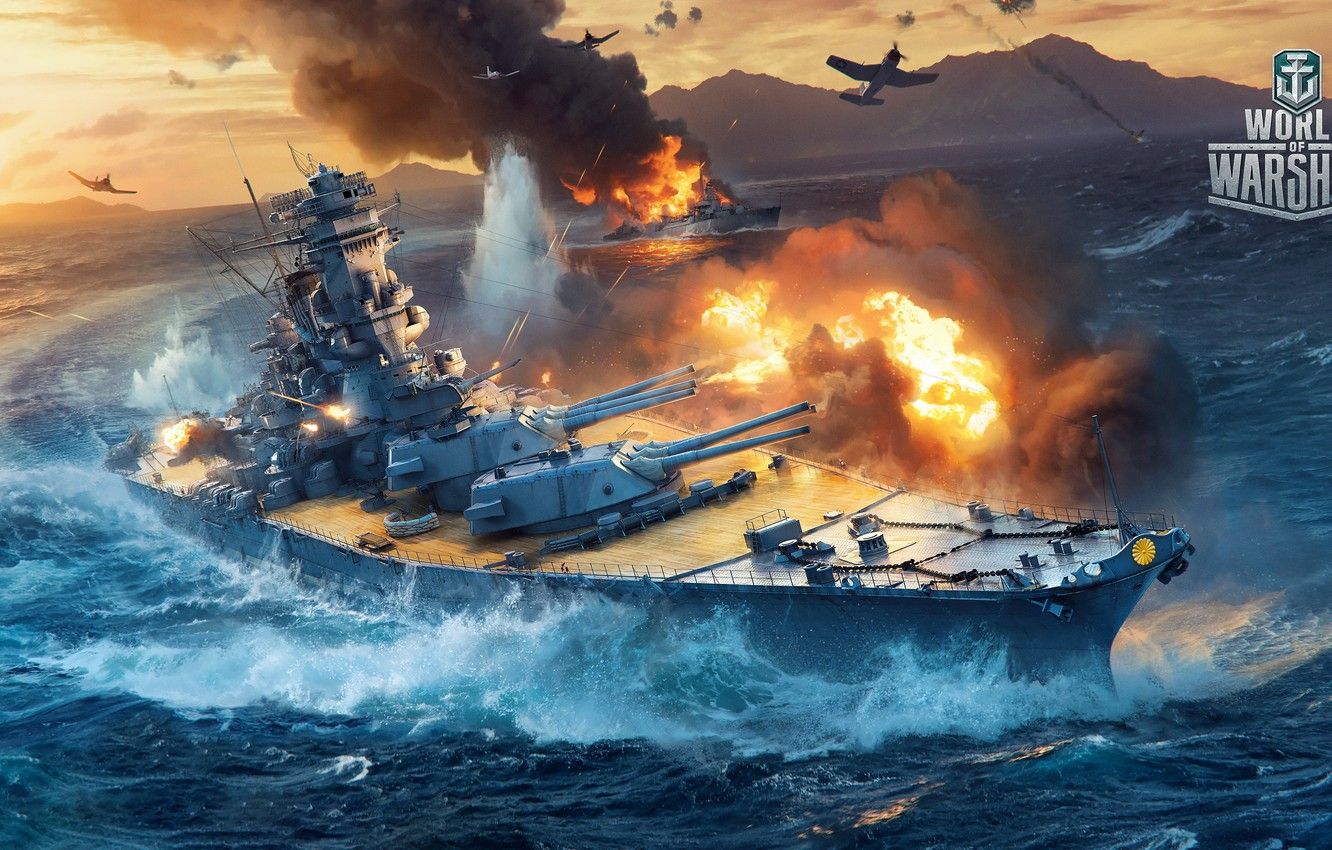 Wallpaper The ocean, Sea, The game, The plane, Fire, War, Ship, Battle, Ships, Battle, Aviation, Attack, Aircraft, Wargaming, World of Warships, Warship image for desktop, section игры