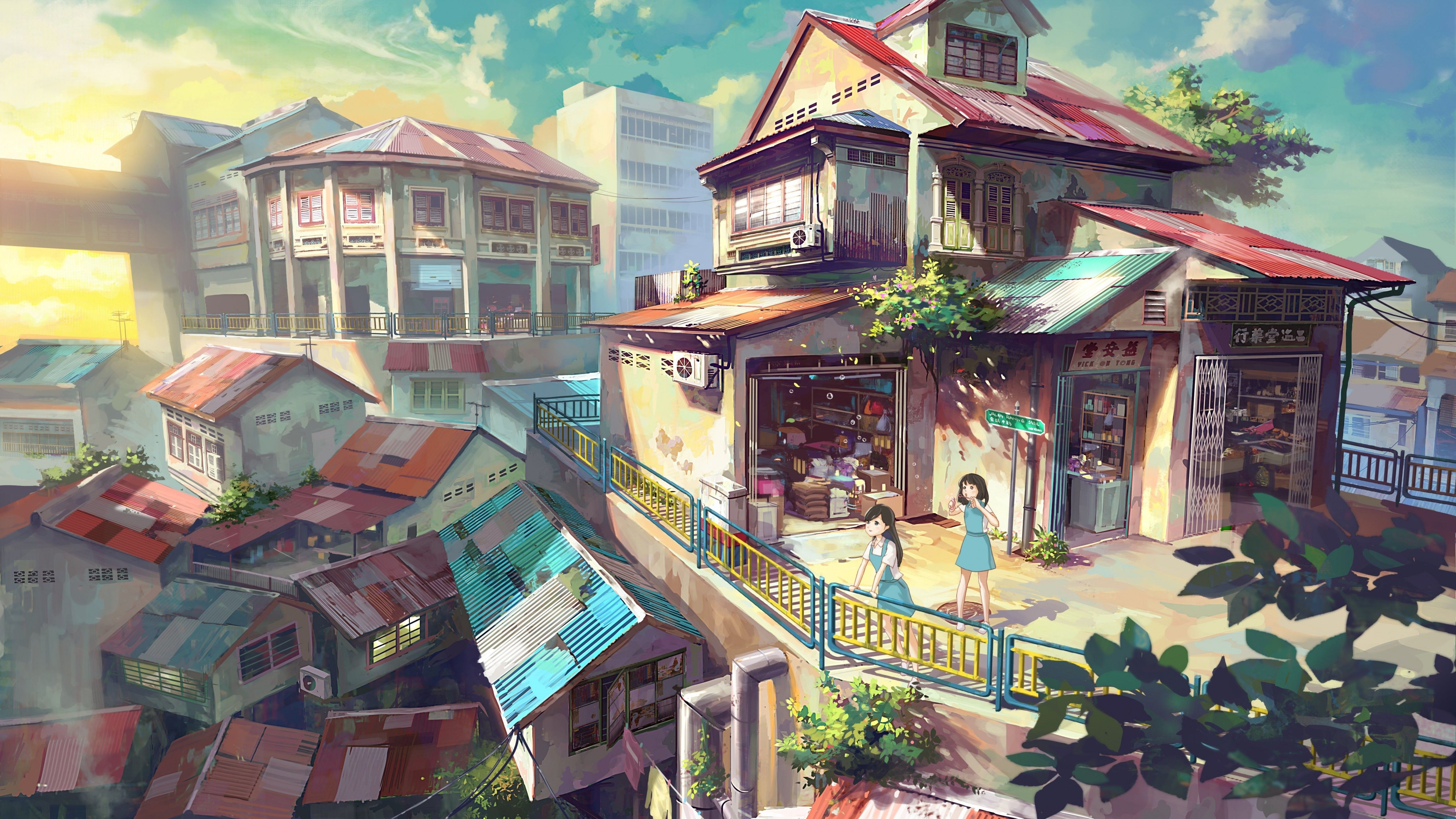 Download 5120x2880 Anime Buildings, Summer, Girls, Clouds, Artwork