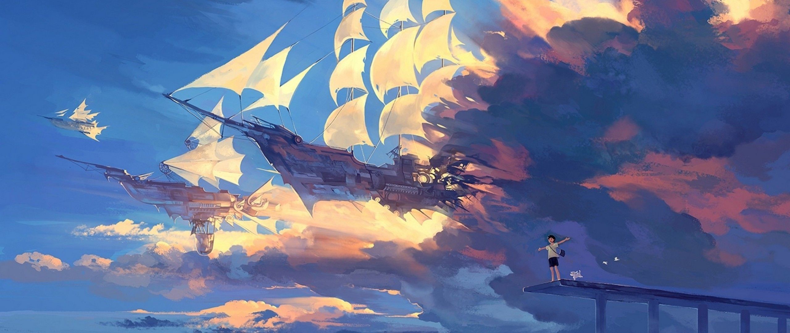 2560x1080 Wallpaper hanyijie, sky, scenery, ship, anime