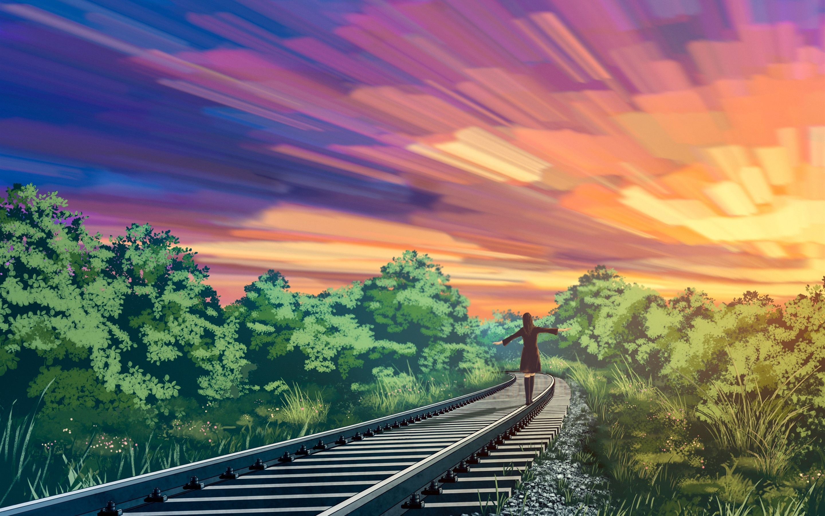 Wallpaper Anime, girl walking on the railroad, trees, sunset