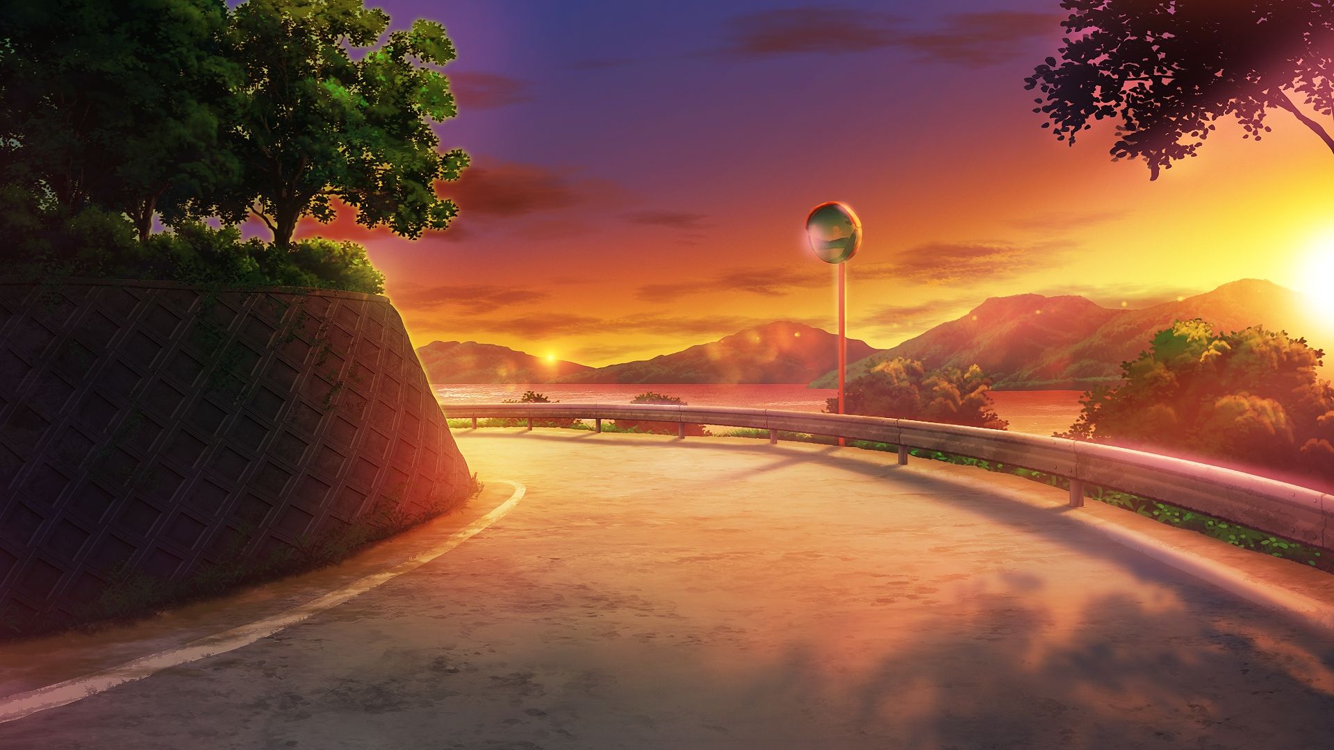 Download 1920x1080 Anime Landscape, Sunset, Scenery, Road, Trees
