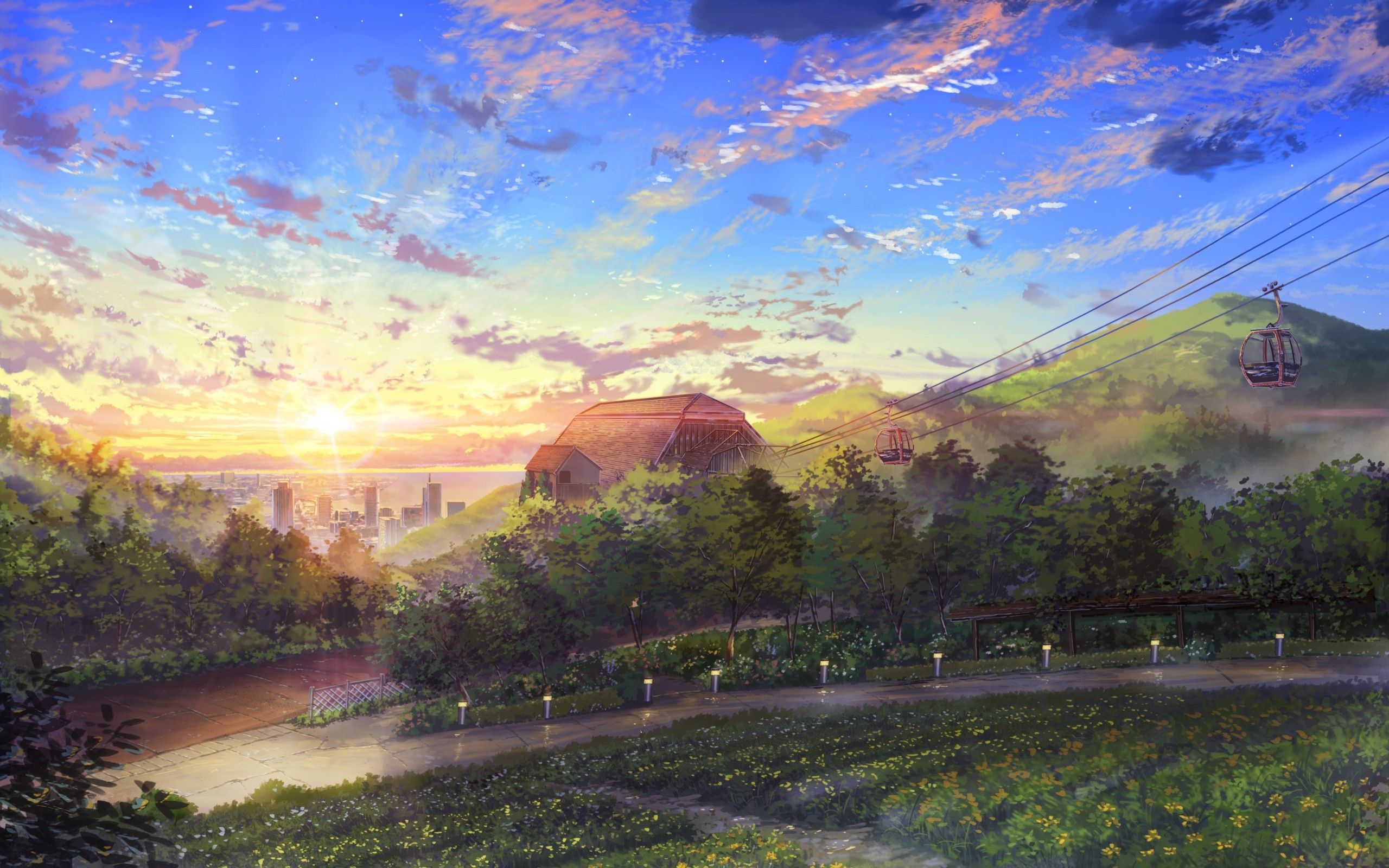 Download 2560x1600 Anime Landscape, Pretty, Clouds, Sunset, Scenic