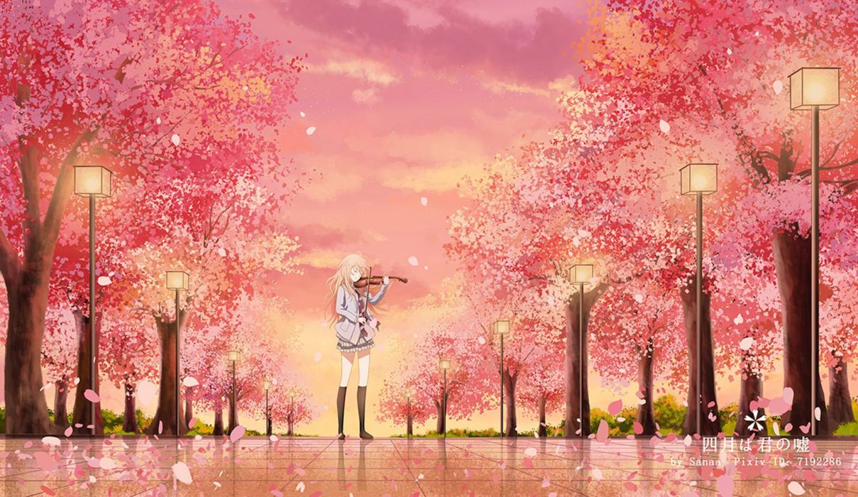 Anime girl beautiful blonde hair long hair sakura seifuku sky sunset tie tree violin wallpaperx900