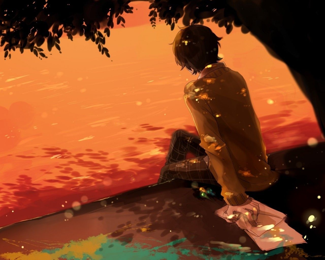 Download 1280x1024 Anime Boy, Sunset, Tree Wallpaper