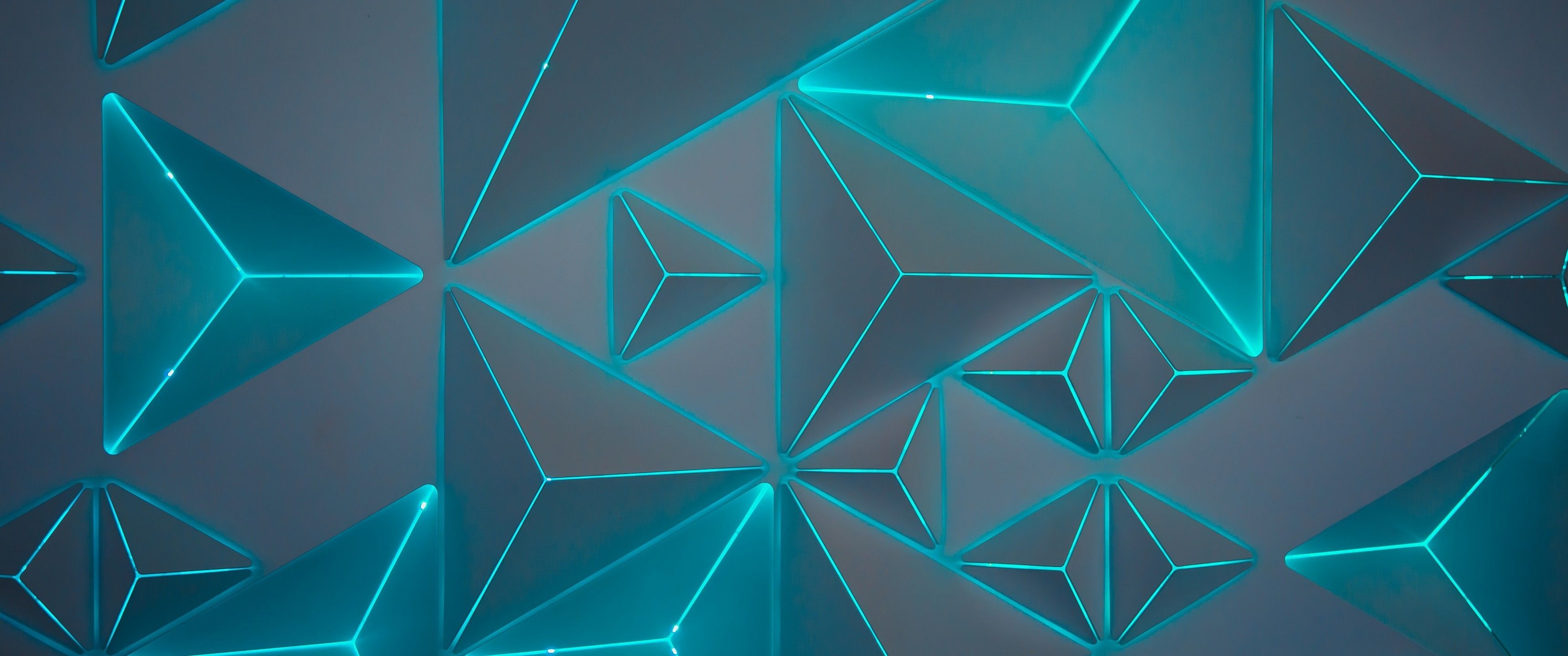Download 3440x1440 Triangles, Neon Light, Geometric Wallpaper