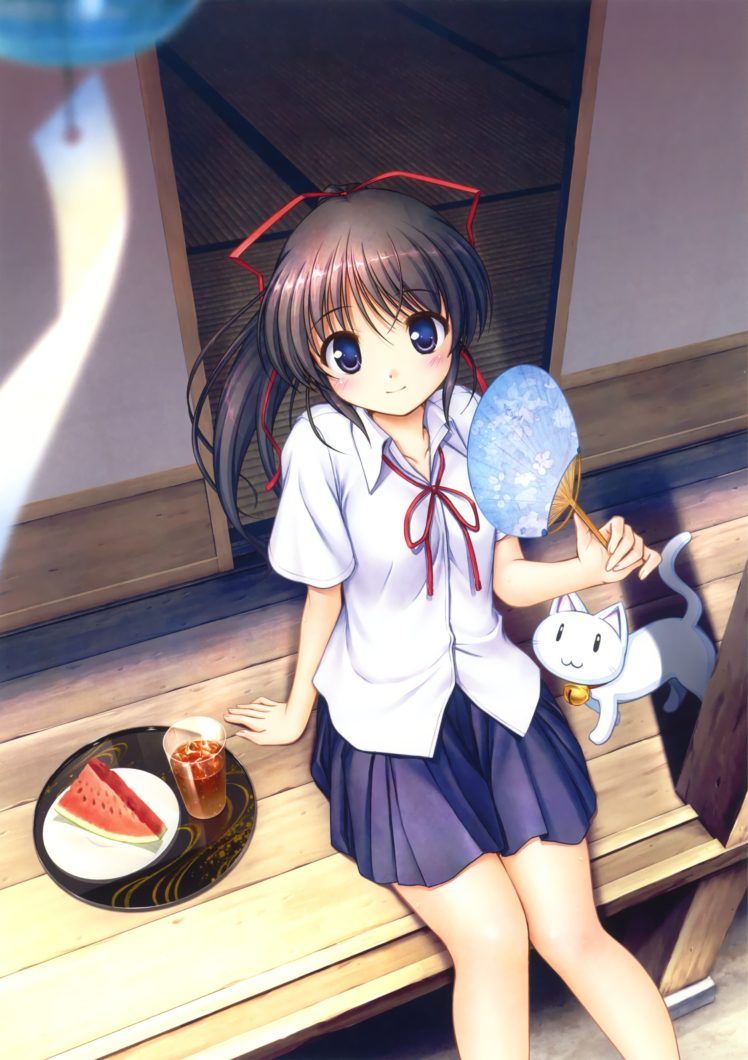 original, Anime, Girl, School, Uniform, Cute, Cat, Beautiful, Dress, Long, Hair Wallpaper HD / Desktop and Mobile Background