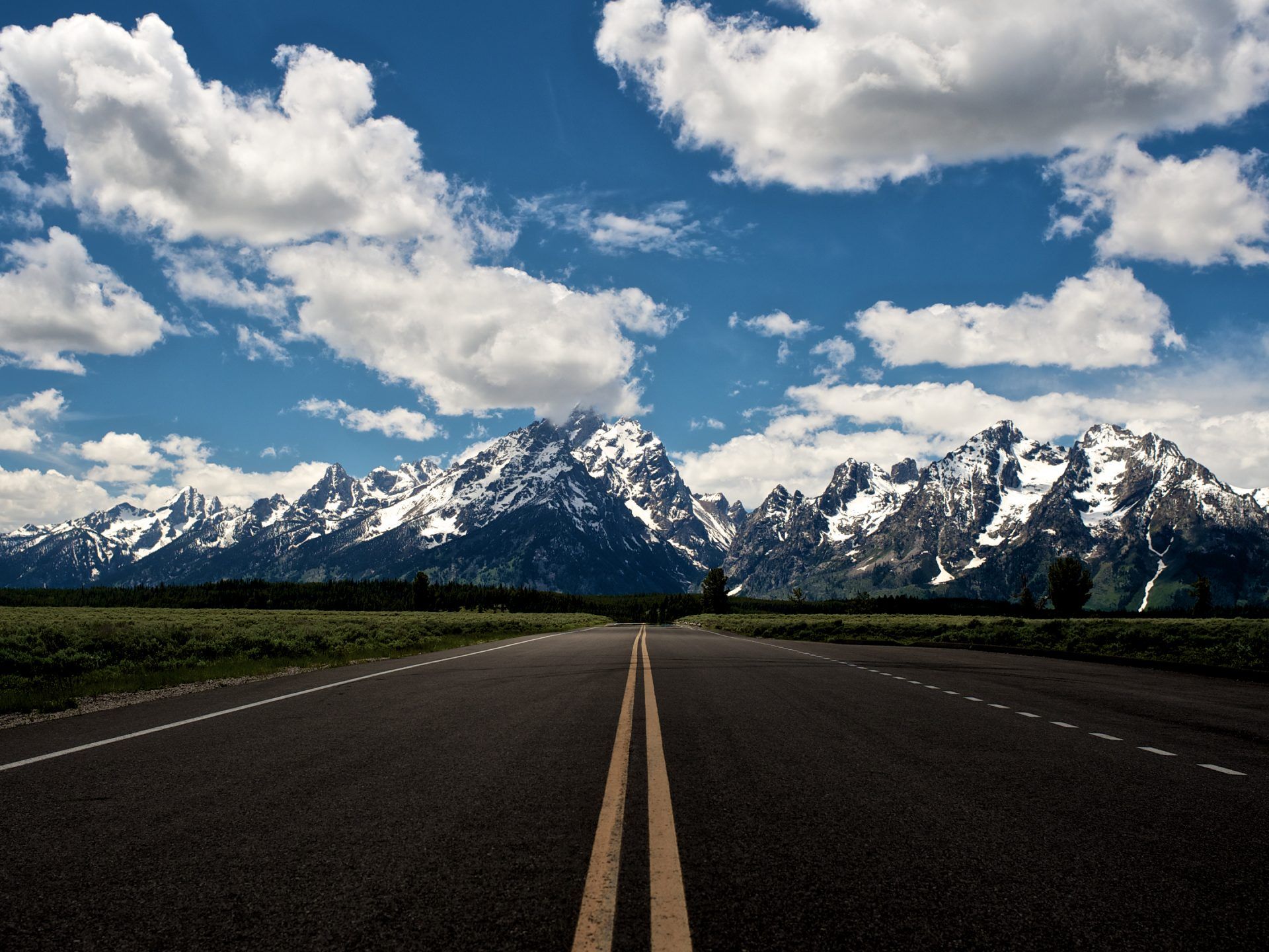 Empty Lanes, Highway, Rocky Mountains With Snow, Blue Sky And White Clouds Desktop Wallpaper HD 3840x2160, Wallpaper13.com