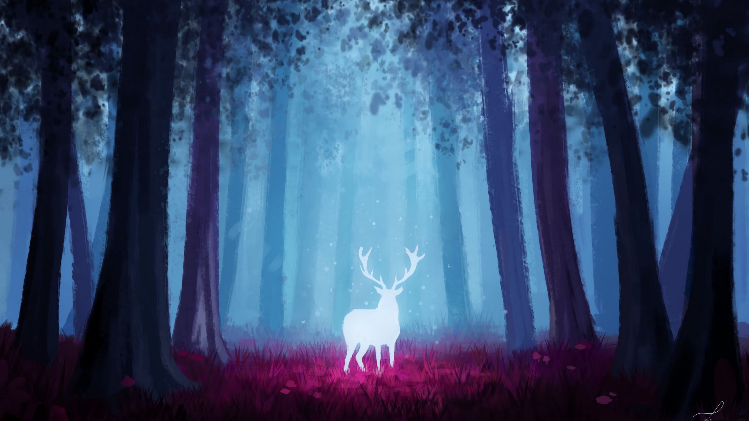 Download wallpaper 2560x1440 deer, forest, art, light, glow