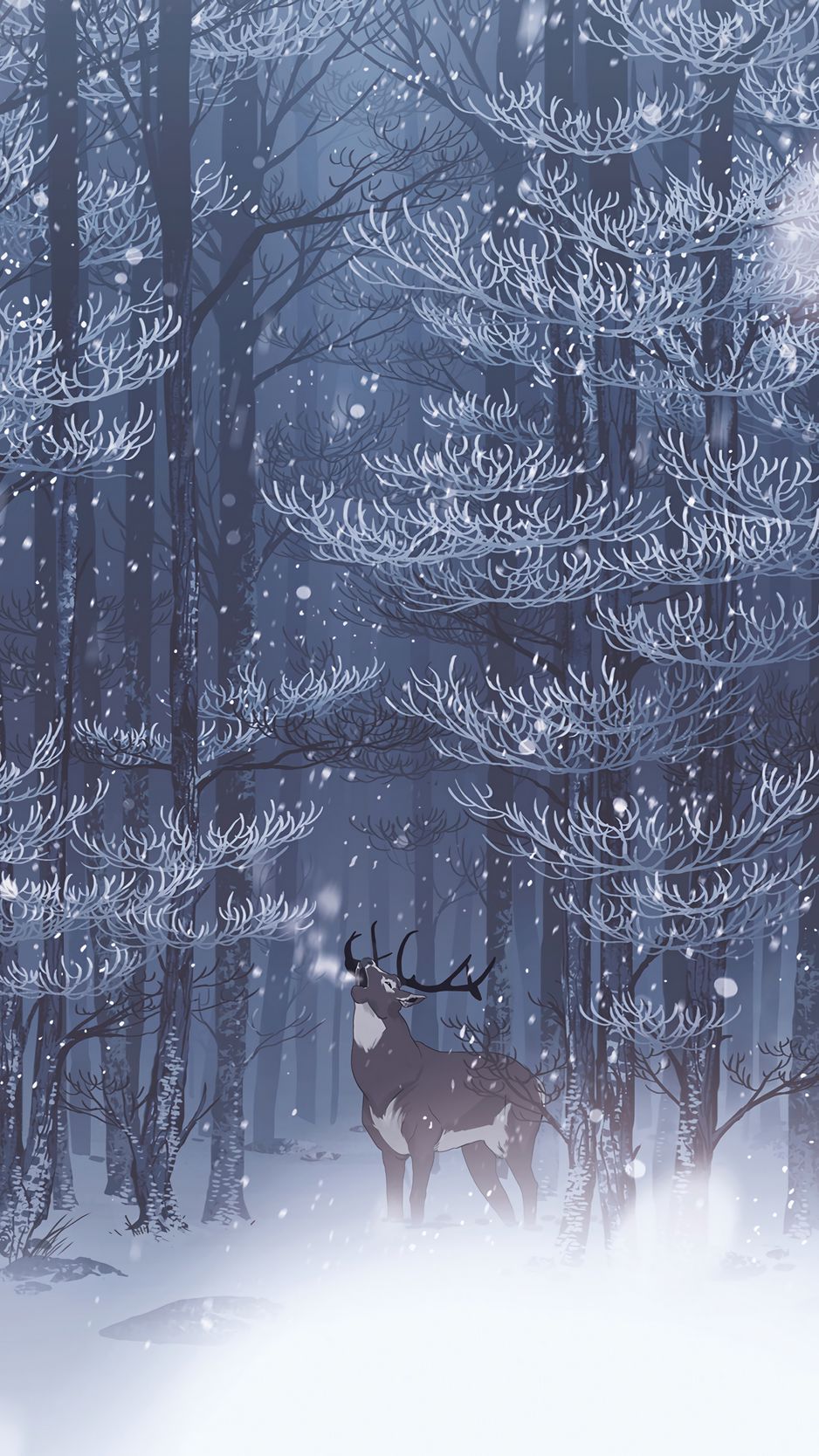 Download wallpaper 938x1668 deer, forest, snow, art, wildlife