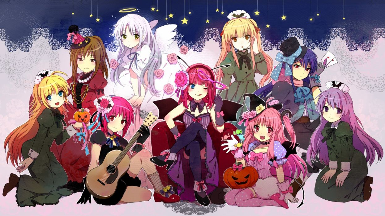 Angel beats anime series character group girls flower pink rose guitar witch kawaii cute wallpaperx1440
