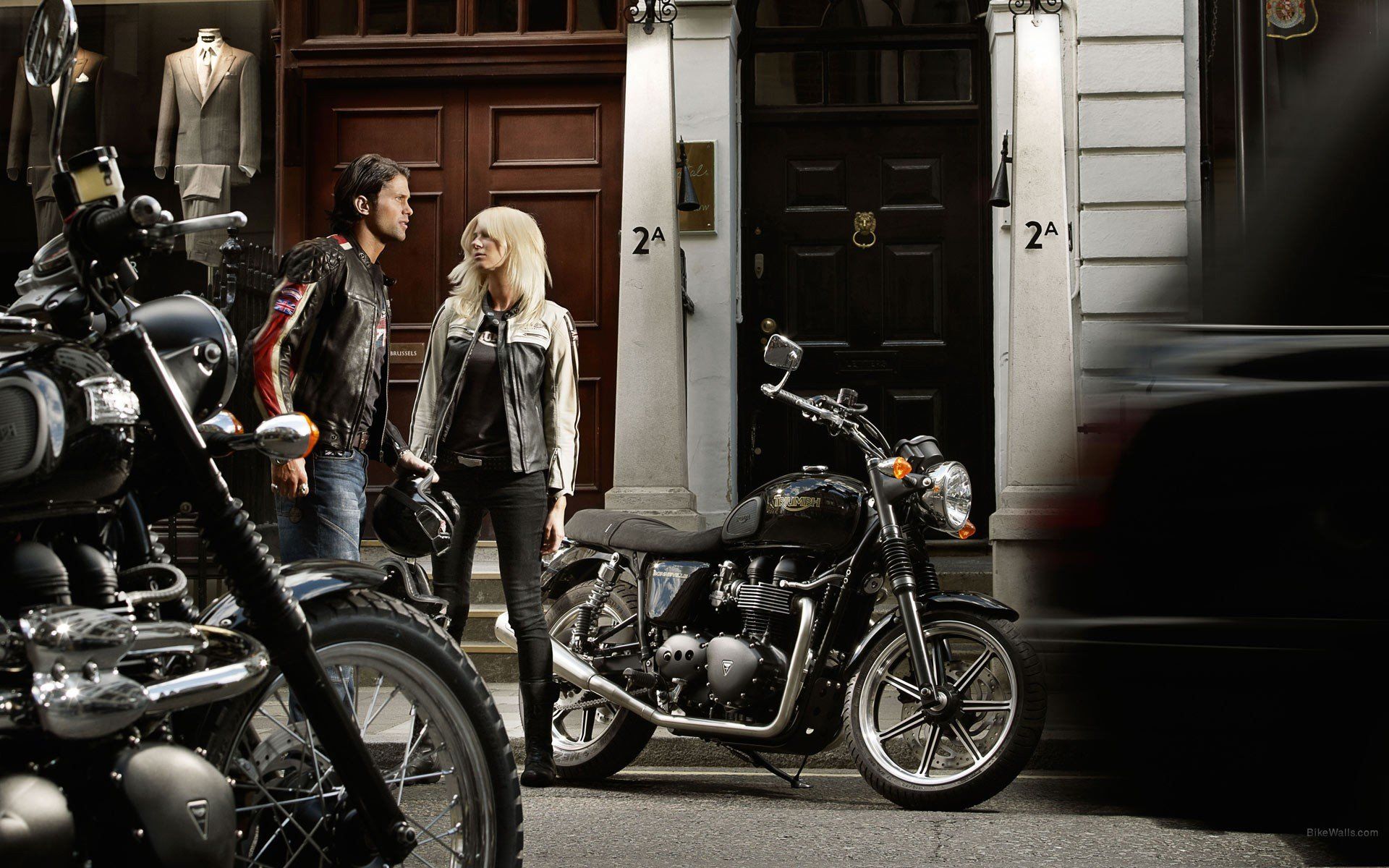 Blondes women jeans leather jacket motorbikes Triumph Bonneville