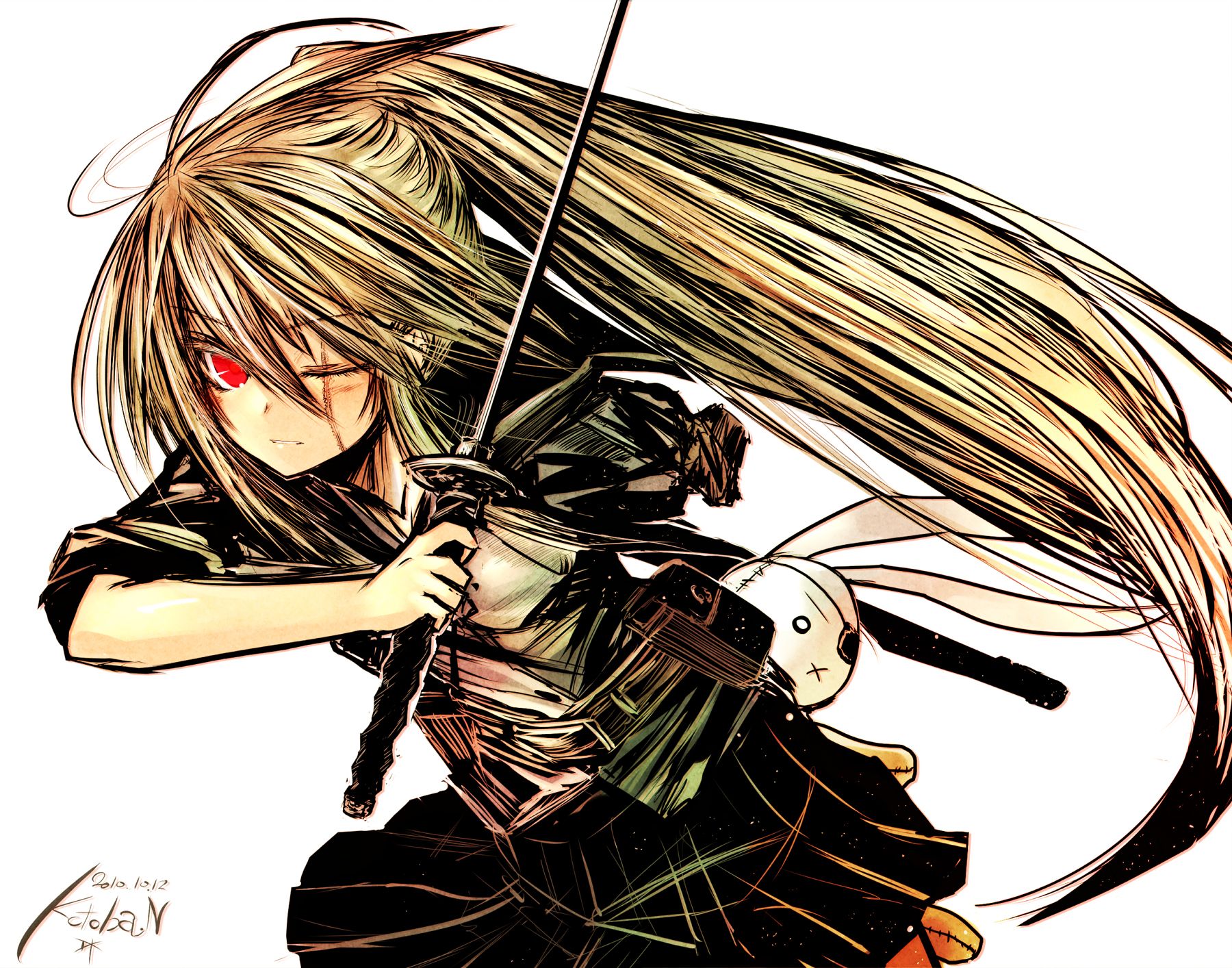blonde hair bunny hinomaru (kotoba) katana kotoba noriaki long