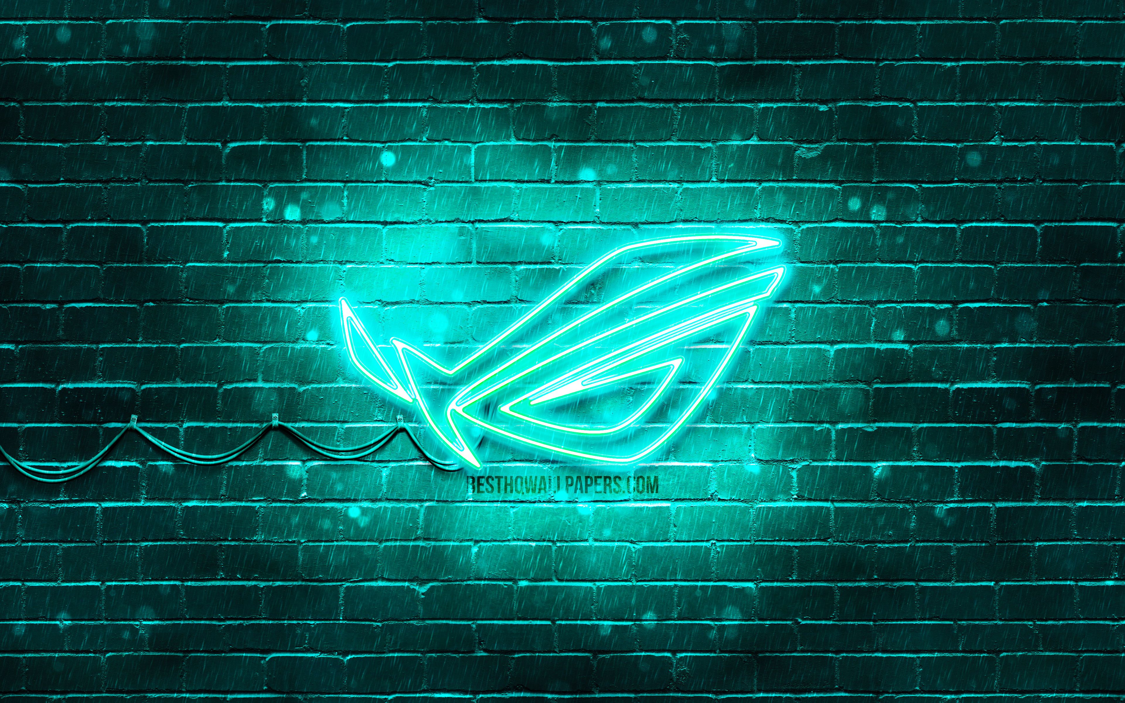 Download wallpaper ROG turquoise logo, 4k, turquoise brickwall