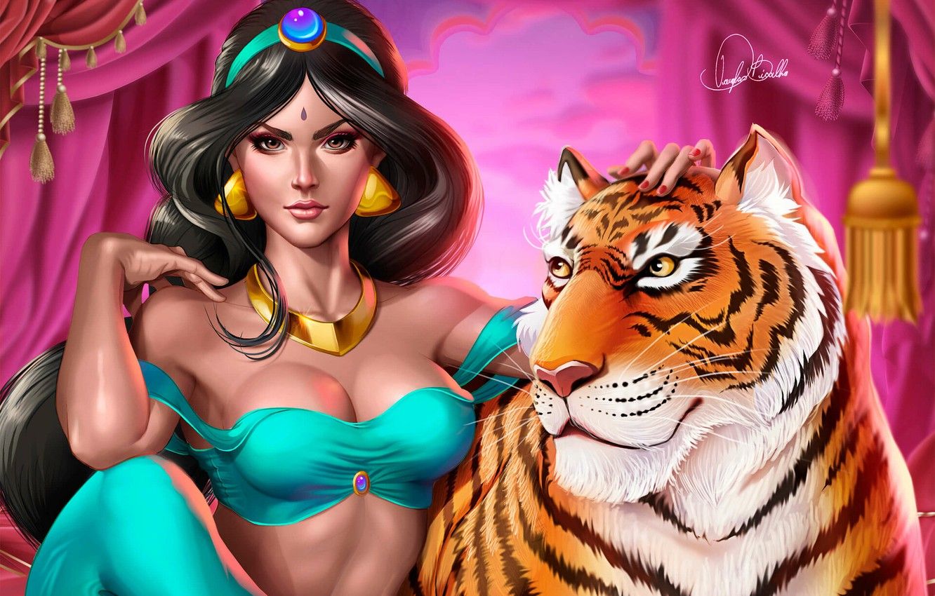 Wallpaper Girl, Tiger, The moon, Fantasy, Art, Art, Jasmine