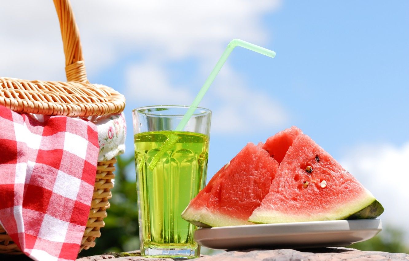 Wallpaper summer, water, basket, watermelon, tube, drink, picnic