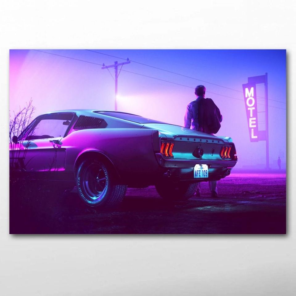 Retrowave Mustang Muscle Car vintage Car purple Wall Art Posters