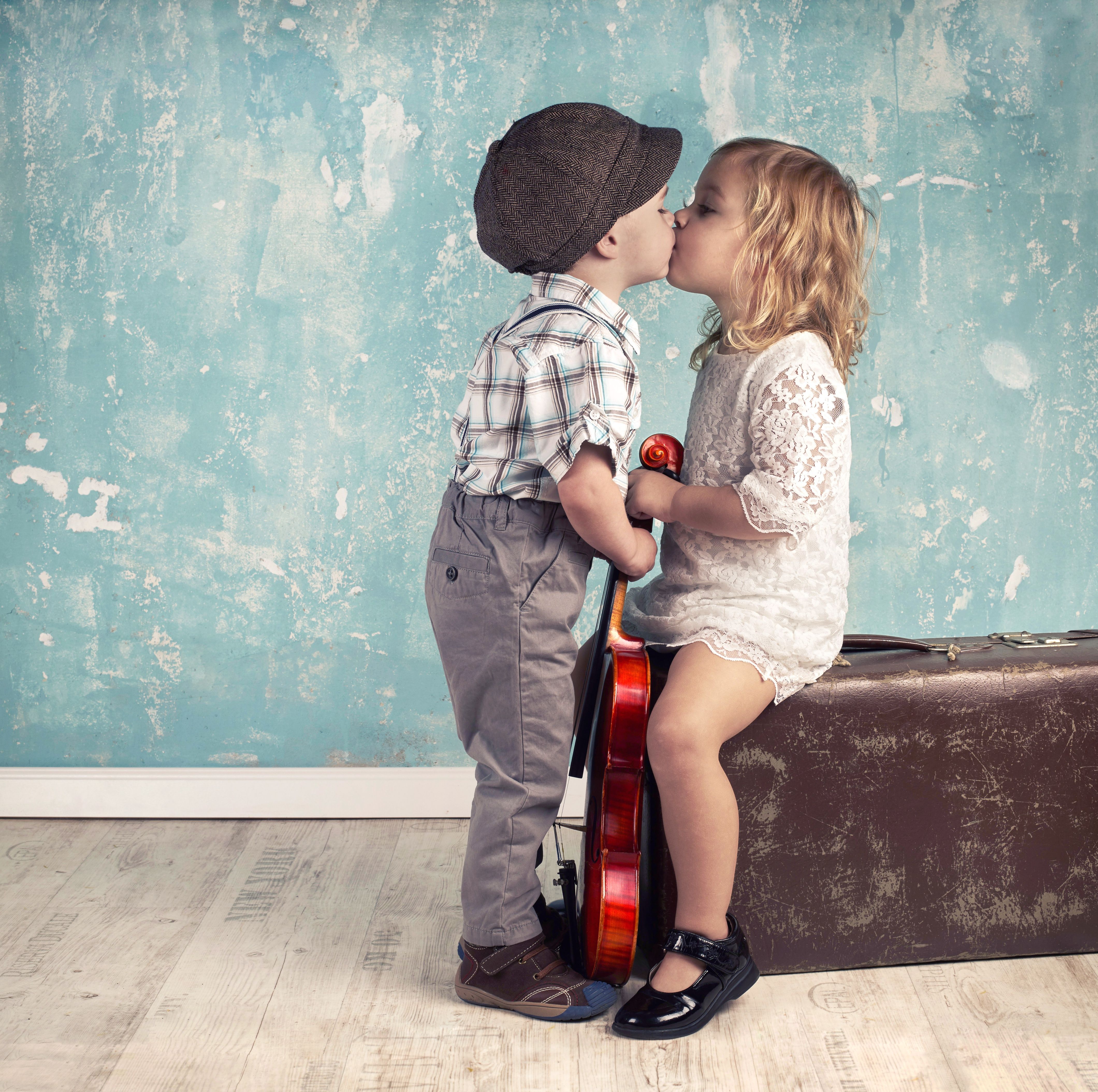 Photo Little girls Boys kisses Children Love 4241x4219