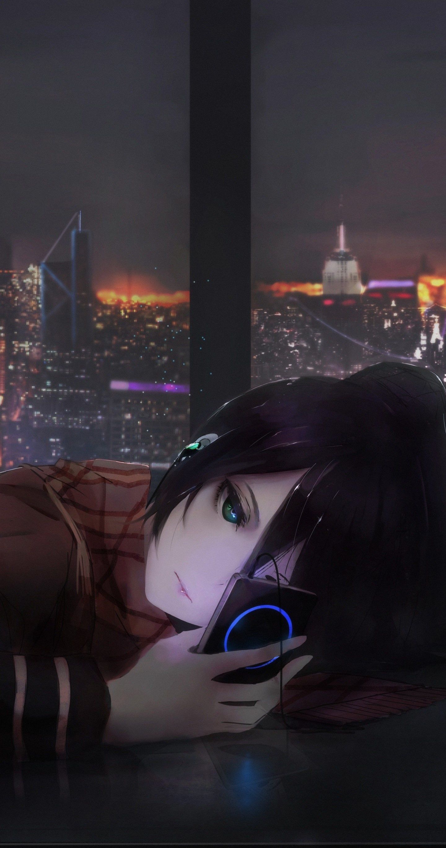 Download 1440x2960 wallpaper anime girl, cityscape, original