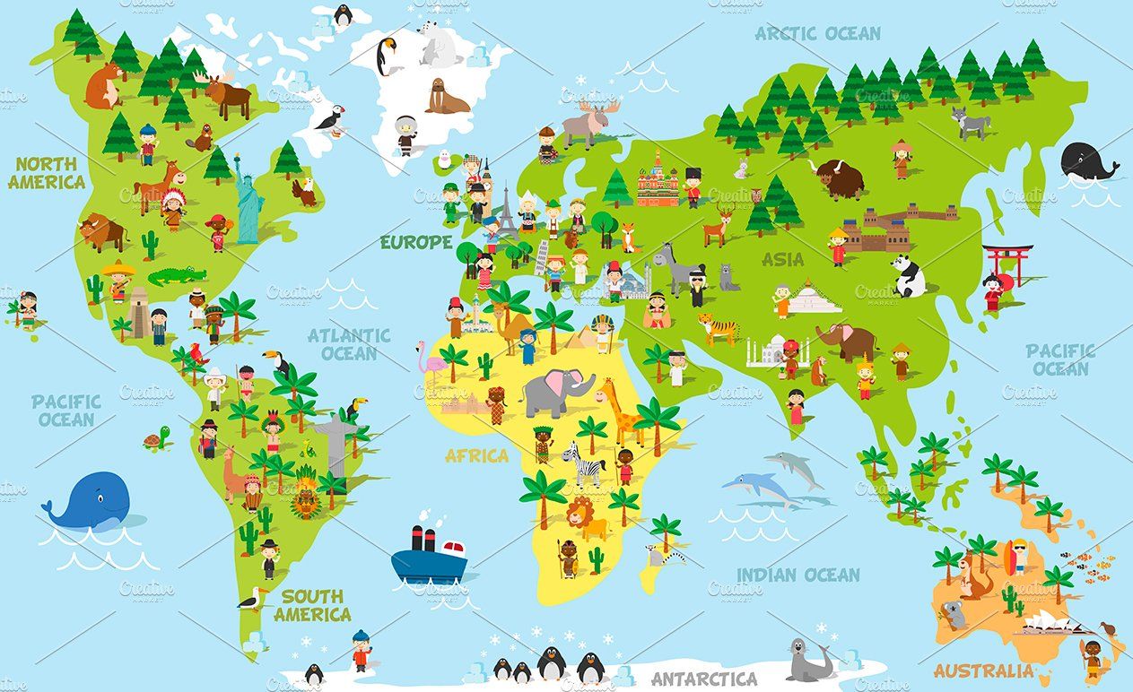 Cartoon World Map With Kids And More. Pre Designed Illustrator